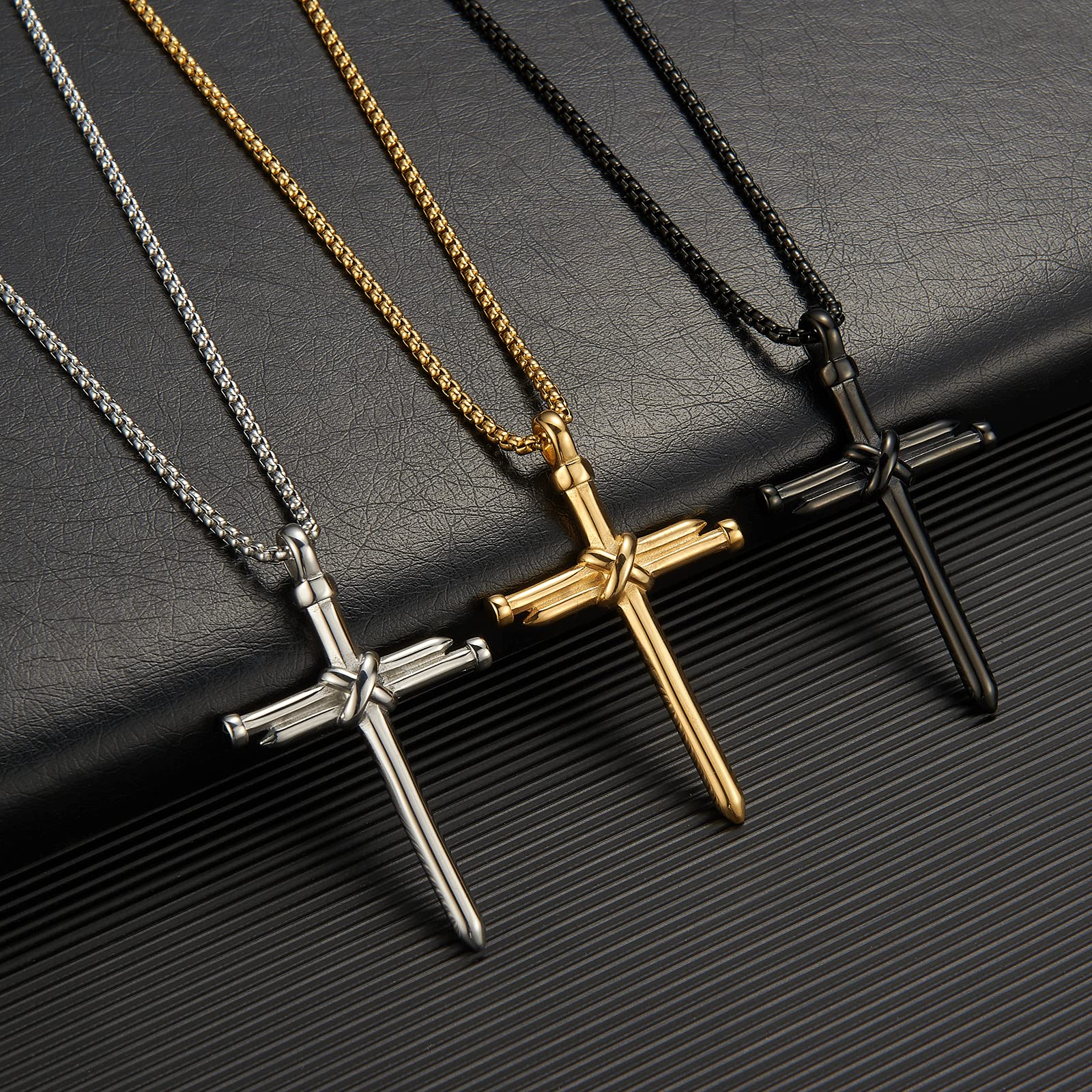 Collar con colgante de cruz de uñas para hombres y mujeres, collar de cruz de acero inoxidable para joyería masculina, Acero inoxidable, No es una piedra preciosa 4