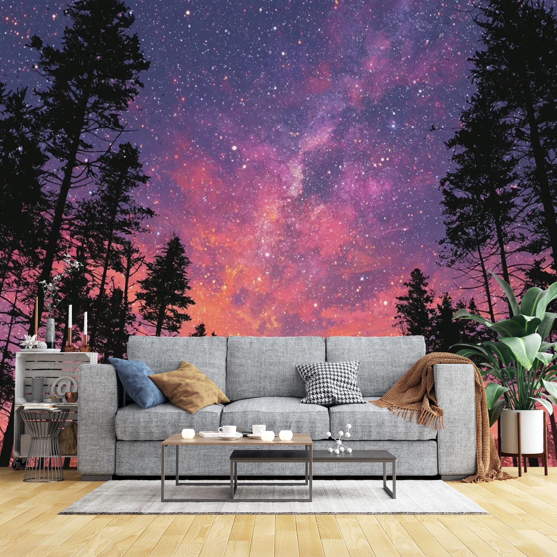 Custom Size Wall Murals Starry Sky Over Pine Forest Silhouette Wall Murals Night Landscape Wallpaper, Large Photo Wallpaper Self-Adhesive Removable Wallpaper for Living Room