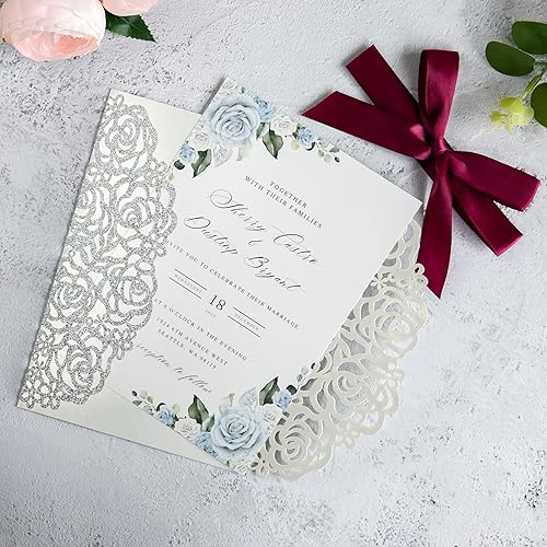 Miniatura 4 de ponatia 25 tarjetas de invitación de boda con purpurina plateada, corte láser, rosa hueca con cinta burdeos para despedida de soltera, compromiso,