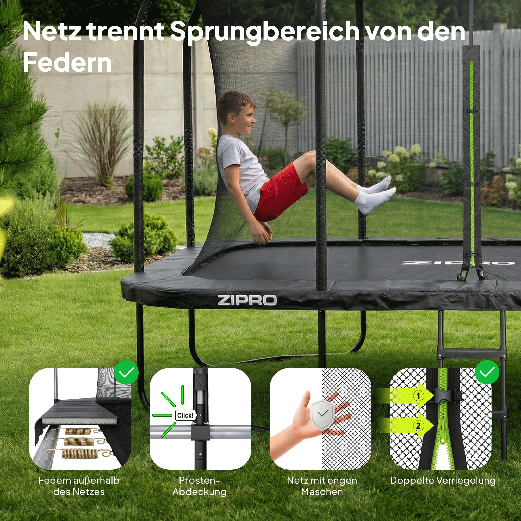 ZIPRO Trampolin Outdoor - Gartentrampolin Bodentrampolin Garten mit Trampolinnetz Trampolinmatte Trampolinleiter Netz Leiter 366/472 cm 12ft 14ft bis 150 kg Familientrampolin - Quadro