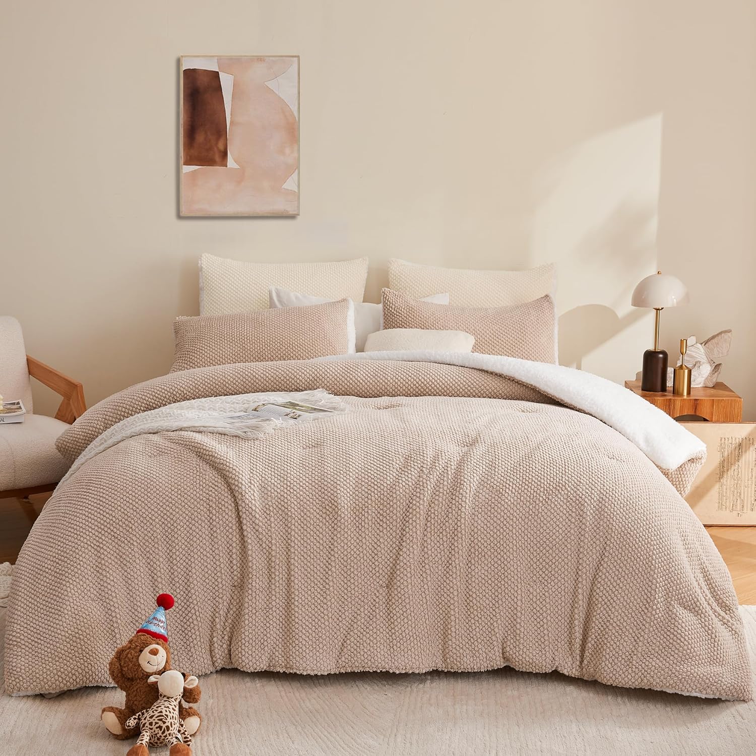 Andency Queen Comforter Set Khaki (90"x90"), Soft Fluffy Reversible Thick Fleece Bedding Set, Faux Fur Sherpa 3-Piece Bed Comforter Sets with 2 Pillowcases - Image 2