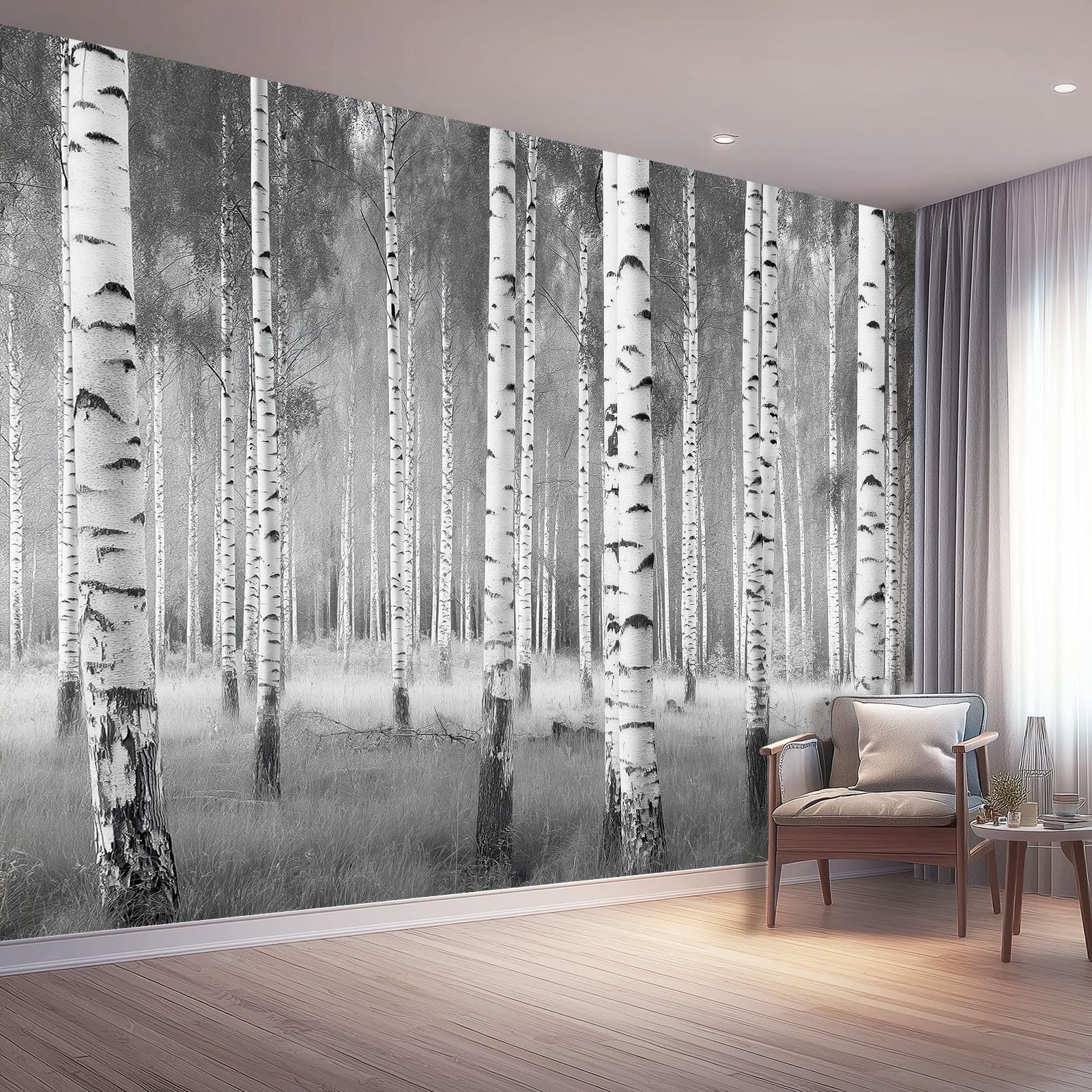 Papier peint panoramique forêt de bouleaux 300x210 cm intissé noir et blanc