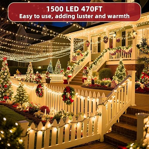 Miniatura 2 de 1500 luces LED de Navidad para exteriores, cadena de luces extra larga de 470 pies, 12 modos, luz de árbol de Navidad con temporizador, impermeable