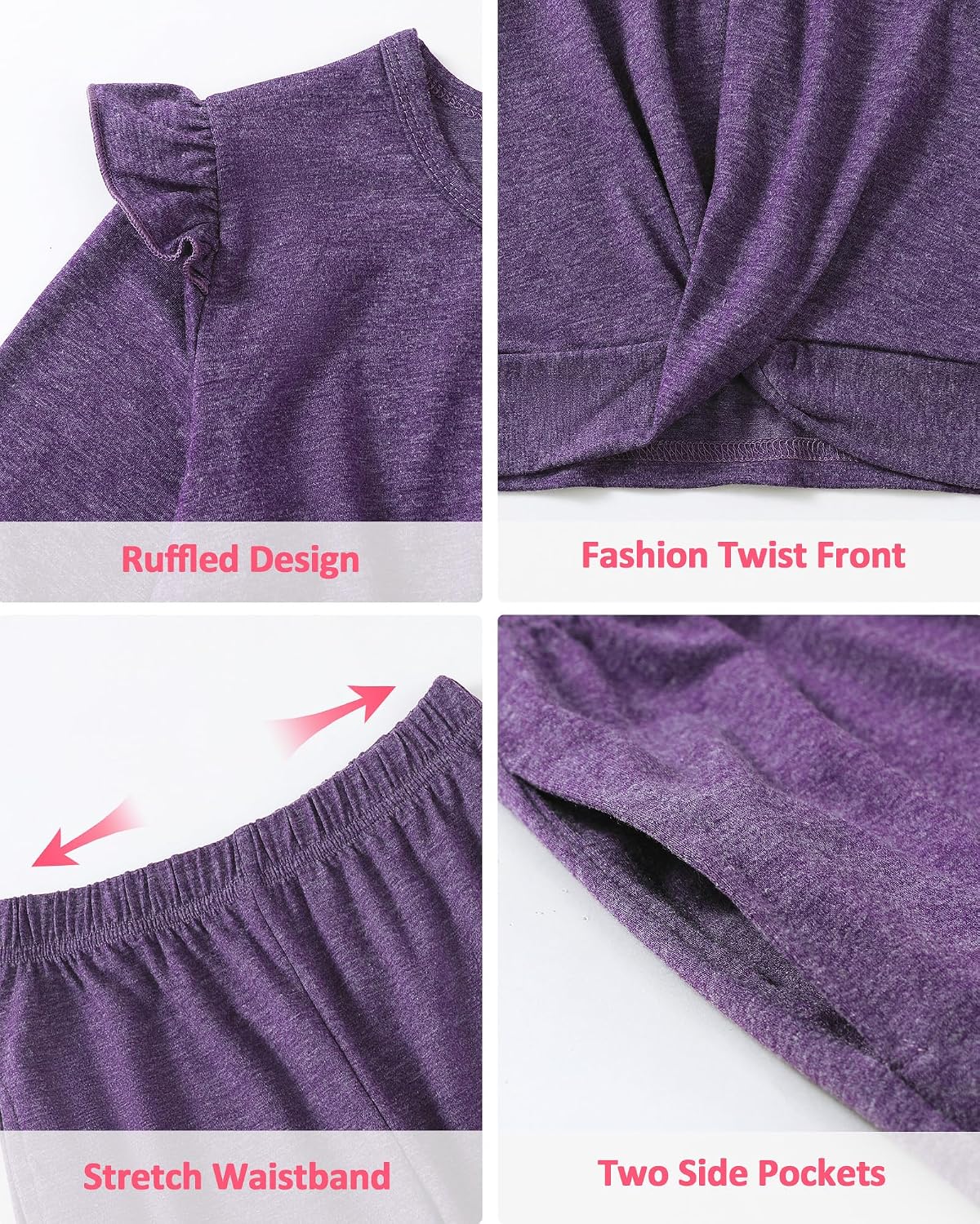 Rosibel Girls Clothes Ruffled Twist Front Sweatsuit Set with Pockets 5-14Y | Soft, skin-friendly, stretchy. Ideal for spring fall. Solid color outfit.