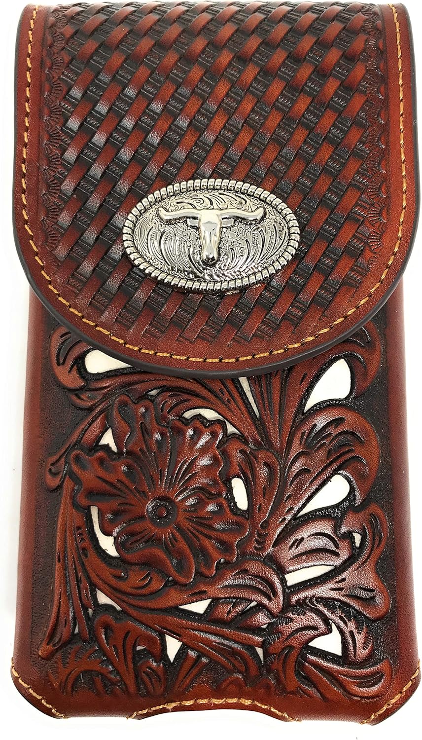 Texas West Men's Cowboy Medium Leather Longhorn Smartphone Holder Holster Cellphone Case in 2 Colors (Black)