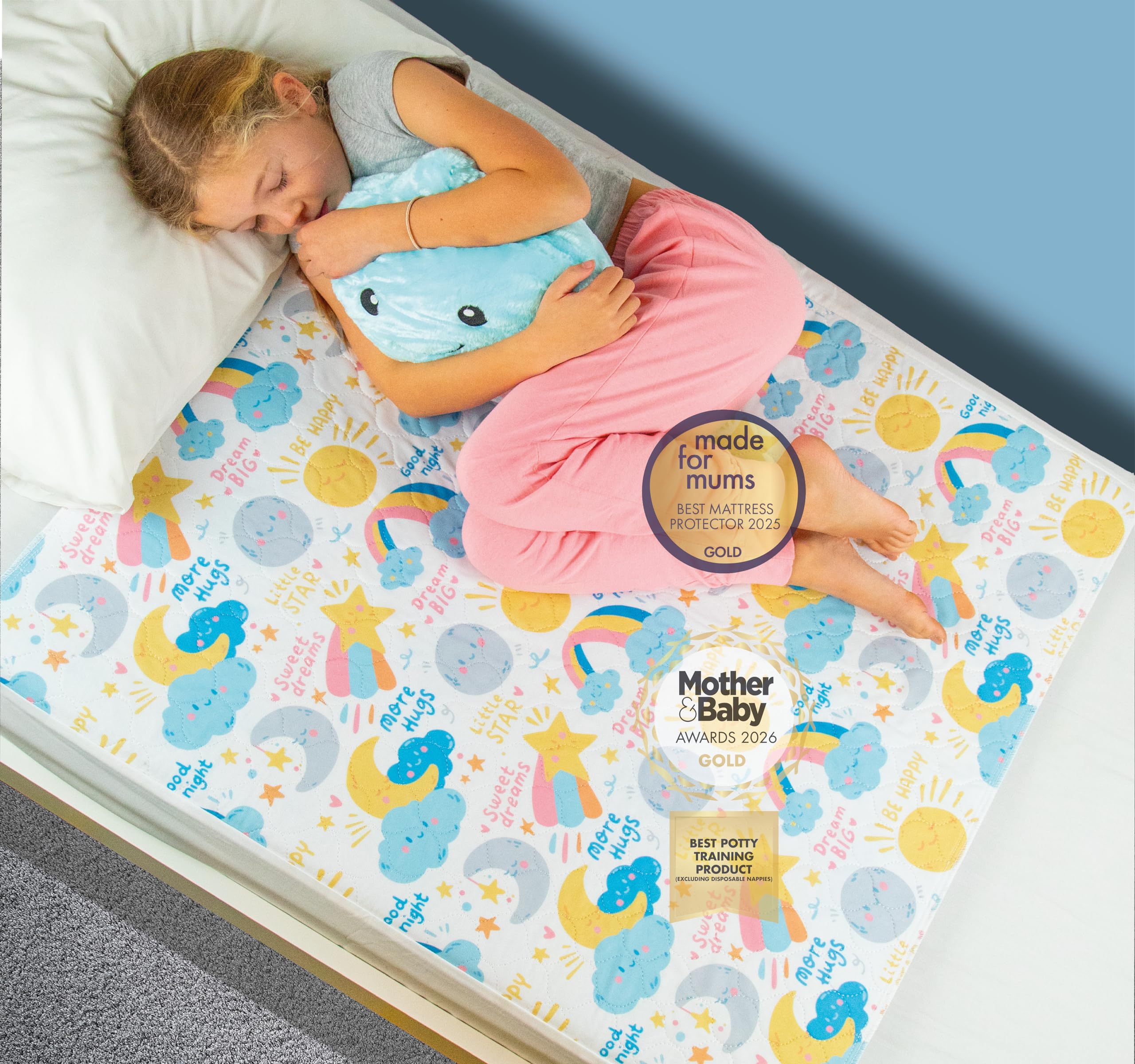 Bedwetz Potty Training Bed Pad – Waterproof Mattress Protector for Toddler & Single Beds, Washable 5-Layer Bed Wetting Sheet with Non-Slip Wing Tucks | 2 Pack | Moon