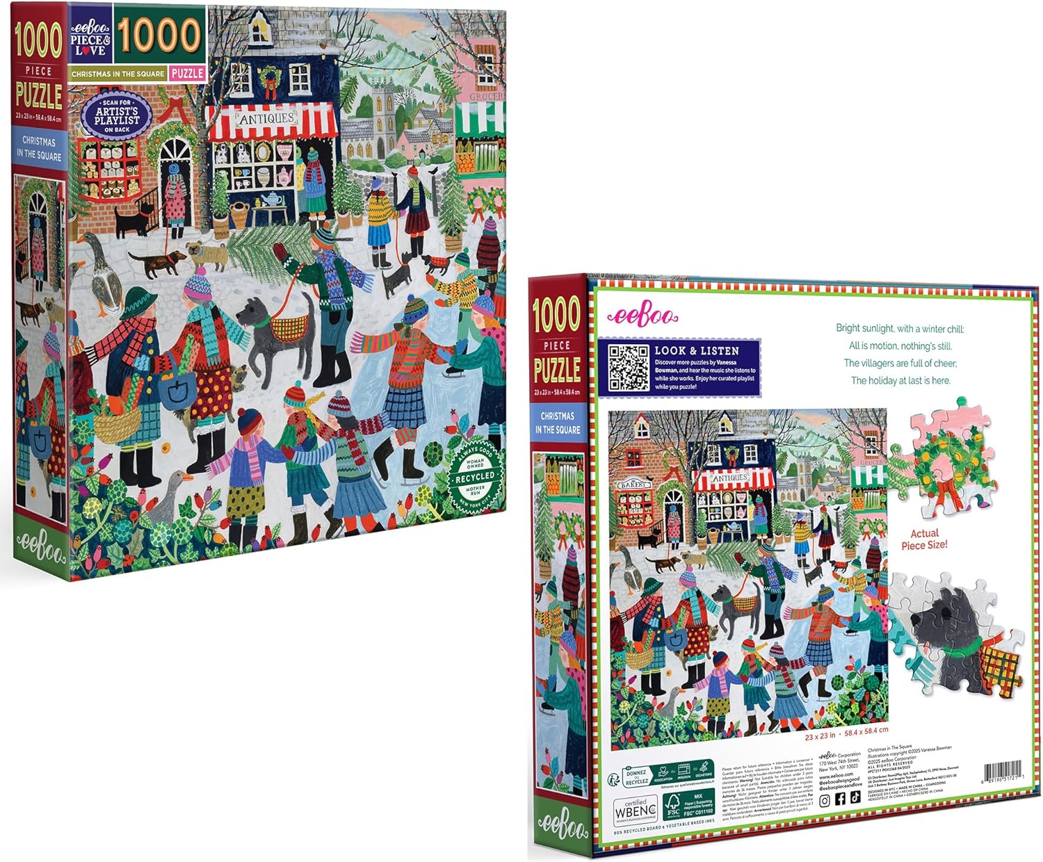 eeBoo 1000 Piece Puzzle - Christmas in The Square Jigsaw Puzzle for Adults, Square 23" x 23" Made with Recycled Board & Vegetable-Based Ink