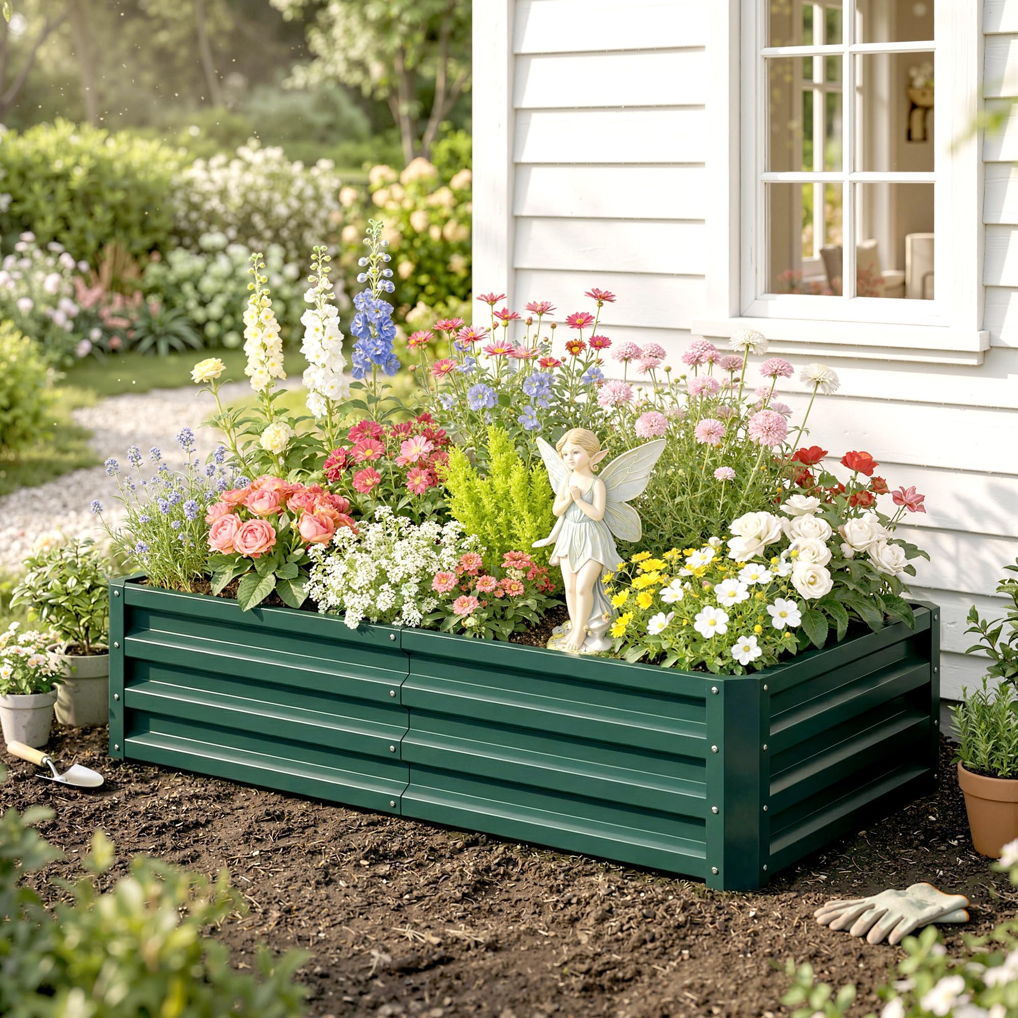 Outsunny Letto per Orto Rialzato da Esterno 182L, Fioriera da Balcone in Acciaio Galvanizzato con Fondo Aperto, per Piante, Fiori e Verdure, 120x60x30.5cm, Verde