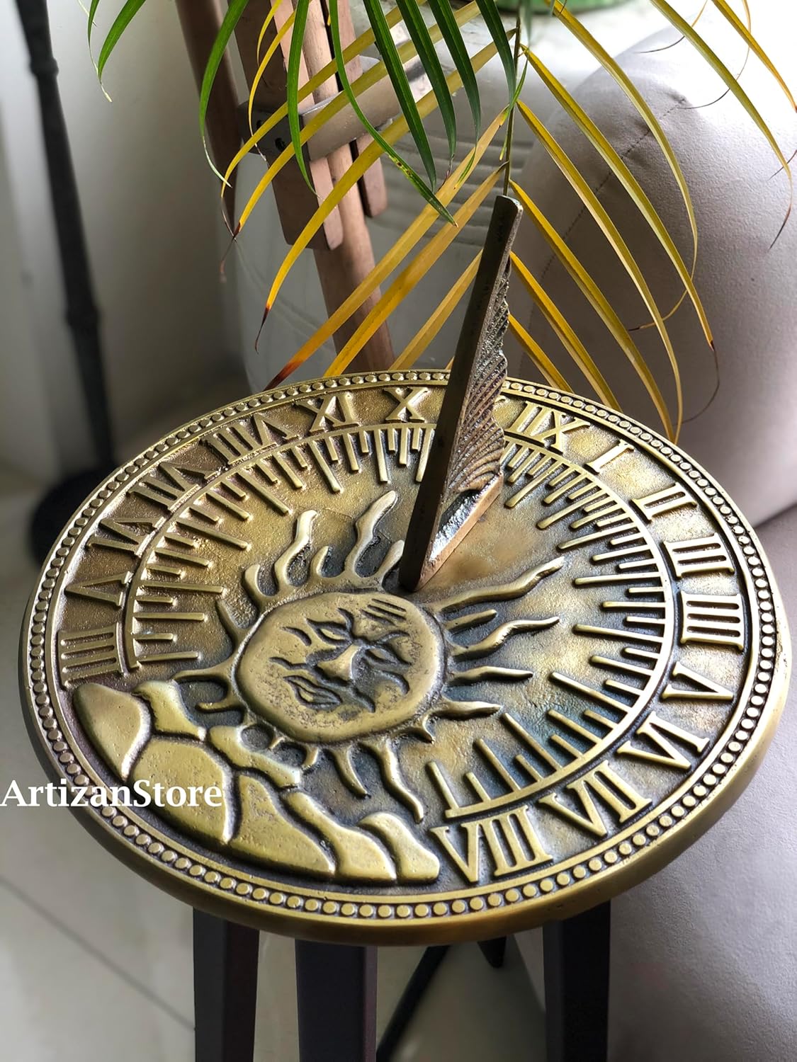 ARTIZANSTORE Vintage Heavy Sundial w/Smiling Sun Face, Roman Numerals, Bohemian Outdoor Patio Decor, Garden Sculpture, Gold Tone