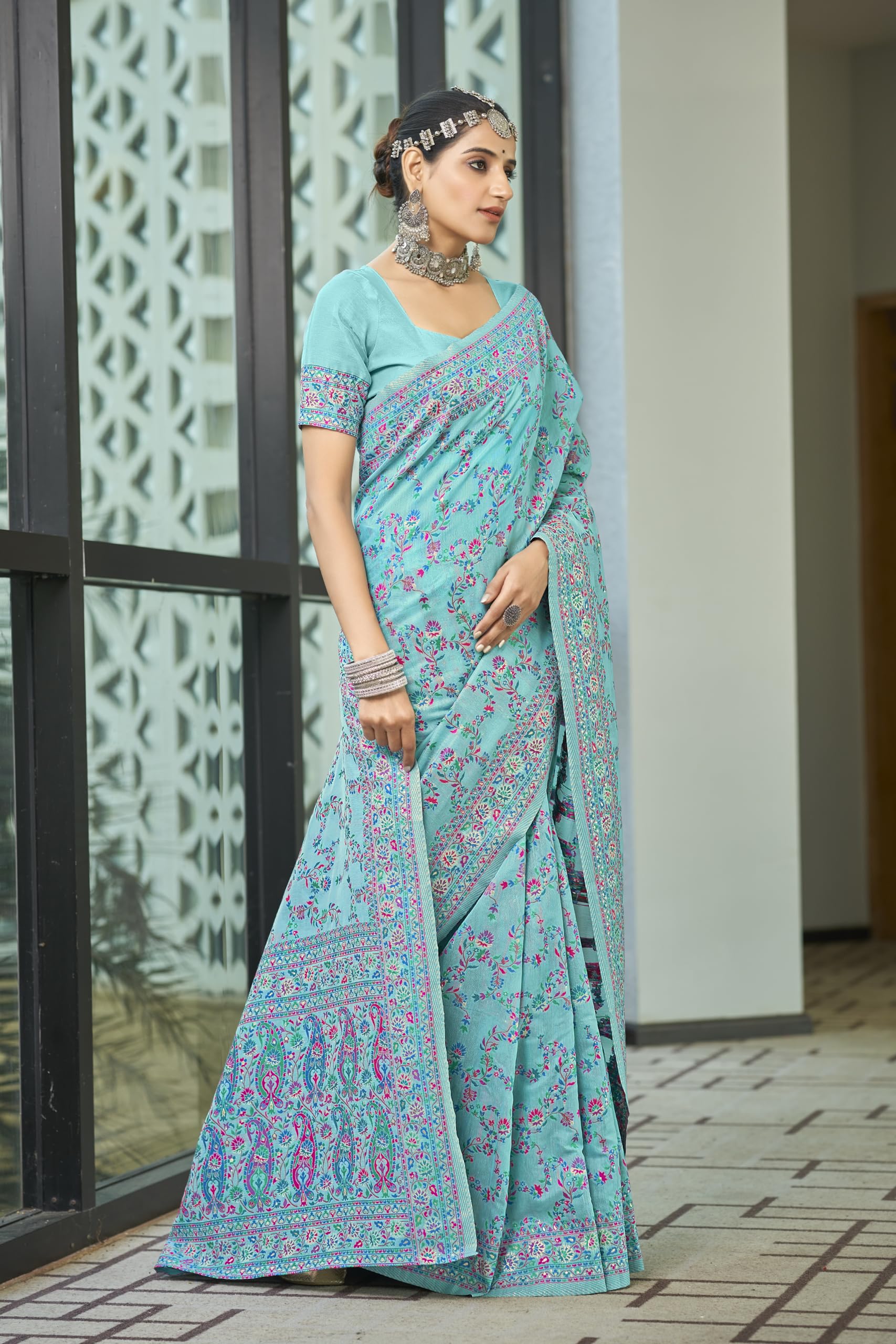 Glory Sarees Women's Kashmiri Cotton Woven Saree With Blouse Piece (Heritage_Silk108_Firozi) 3