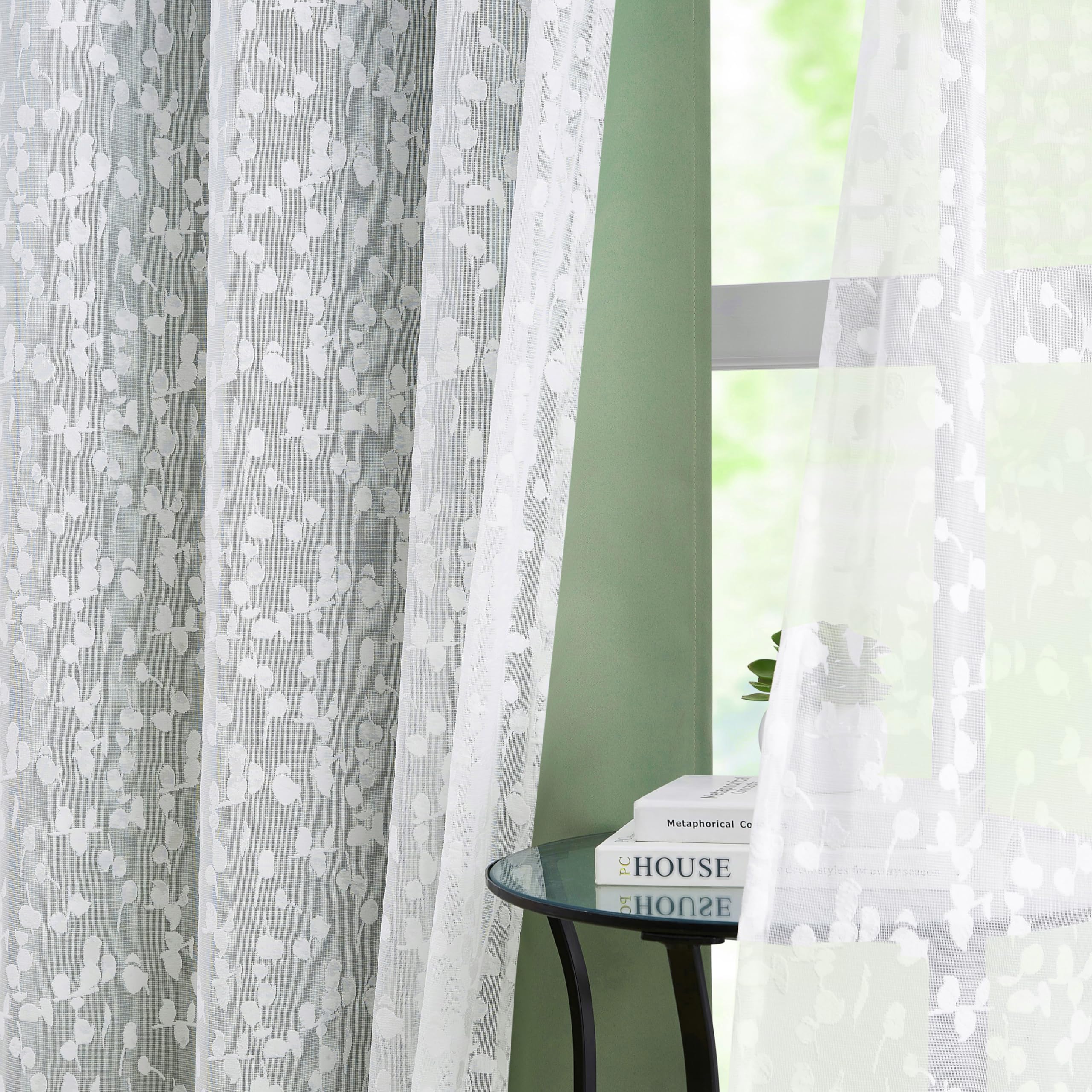 Mix Matched Green Full Blackout &amp; Sheer Leaf Lace Curtains 52"Wx63L 4Panels