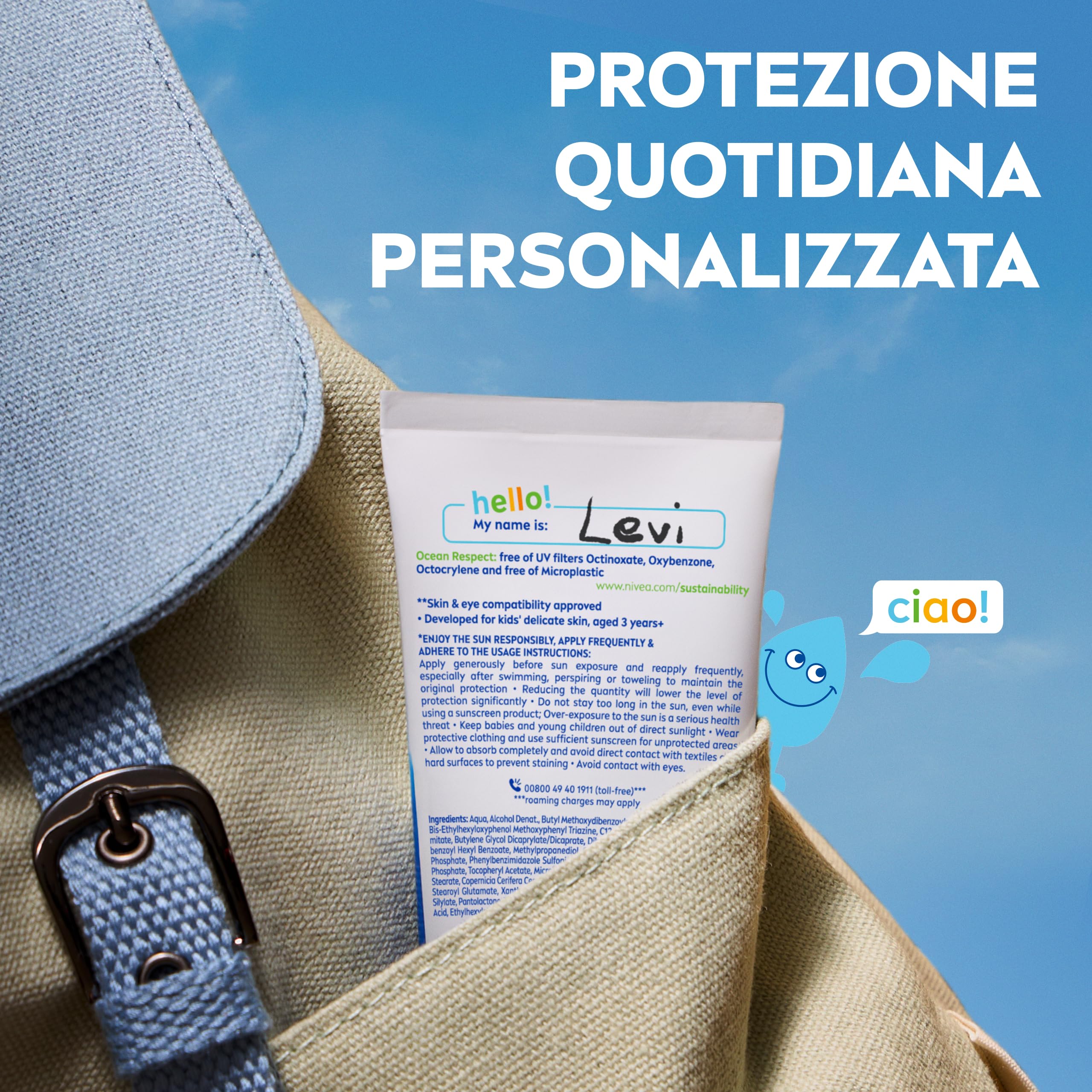 NIVEA SUN Kids Protezione UV Quotidiana SPF 50+ 100 ml, Crema solare 50 bambini per viso e corpo, Protezione solare 50 bambini extra resistente all'acqua, Per pelli sensibili, Senza profumo