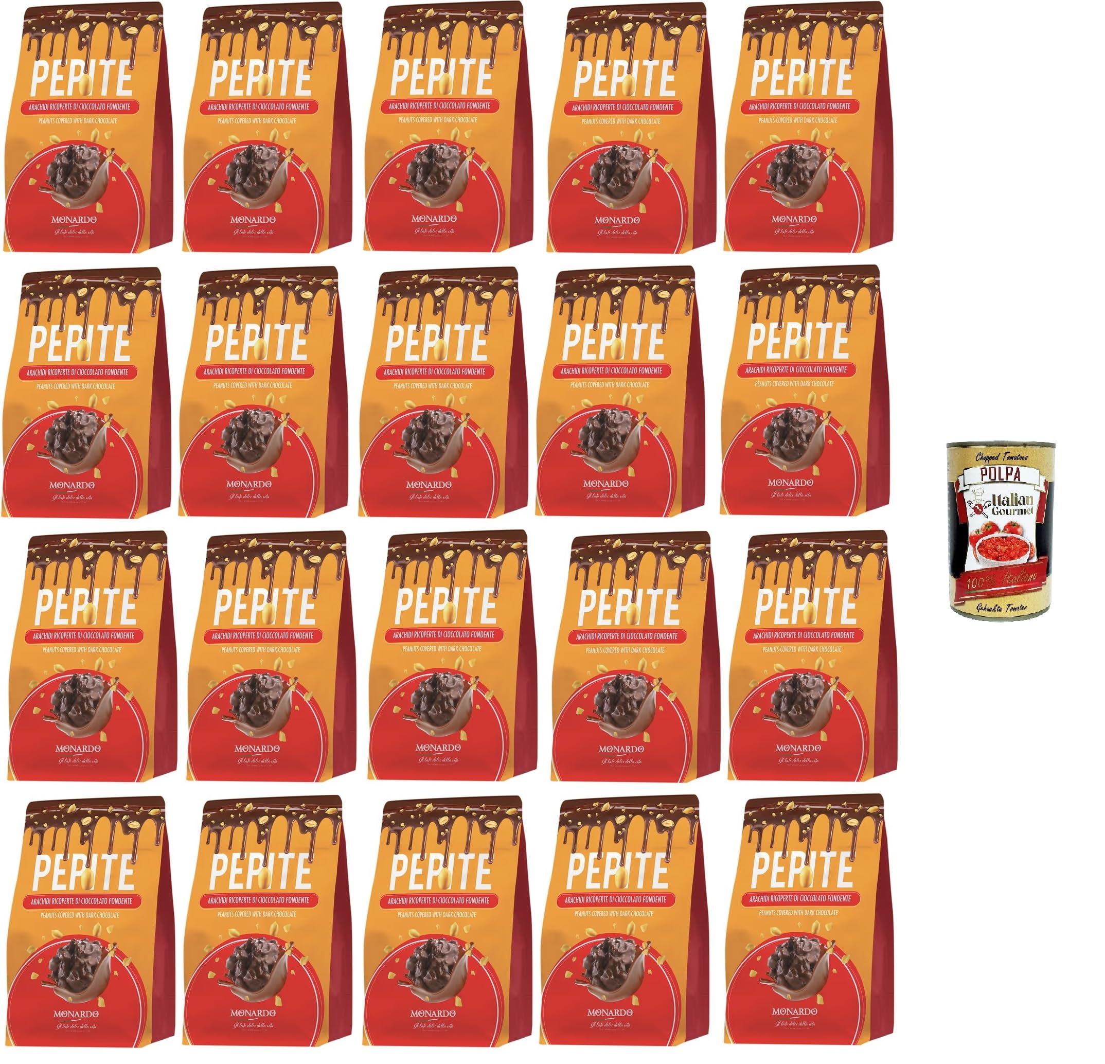 Italian Gourmet Pepite Arachidi cioccolato fondente Erdnüsse 20 x 150g | Snack dolce croccante, überzogen mit dunkler Glasur, pratico Vorrat für Büro, Gesamtnettogewicht 3 kg + Kostenlos Polpa 400g