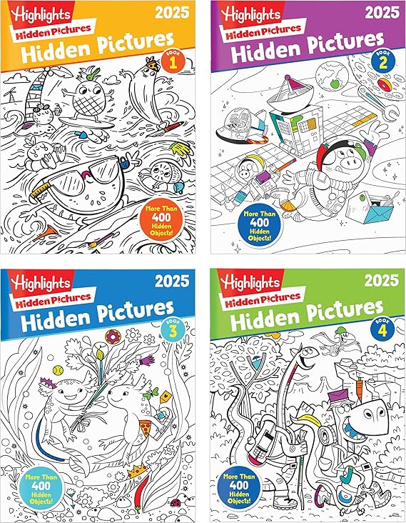 Highlights Hidden Pictures 2025 Activity Book Pack for Kids Ages 6 and Up, 4-Book Set of Travel-Friendly Screen Free Seek and Find Fun, Books Double as Coloring Books
