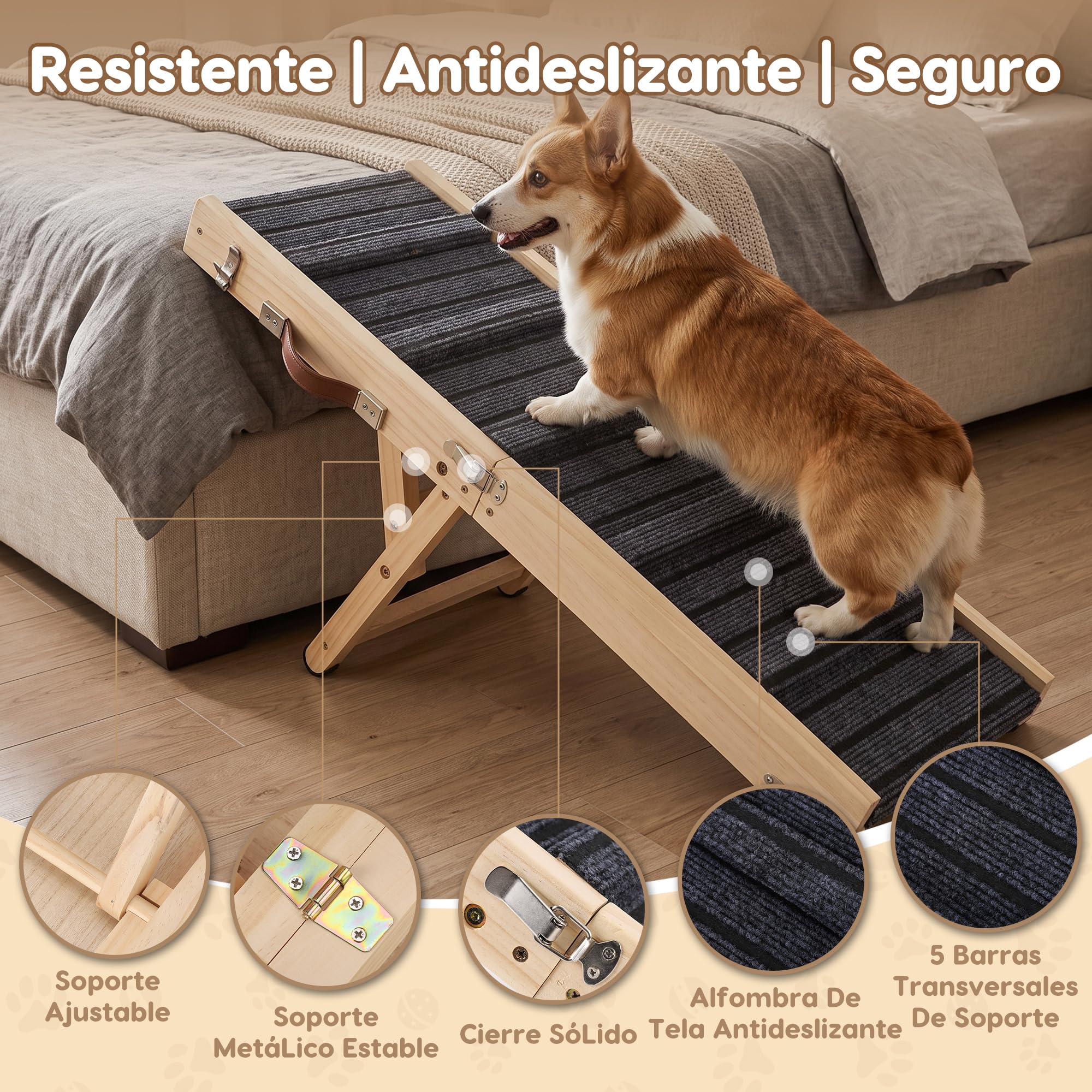 Rampa para Perros Plegable, 5 Alturas Ajustables, Madera Maciza