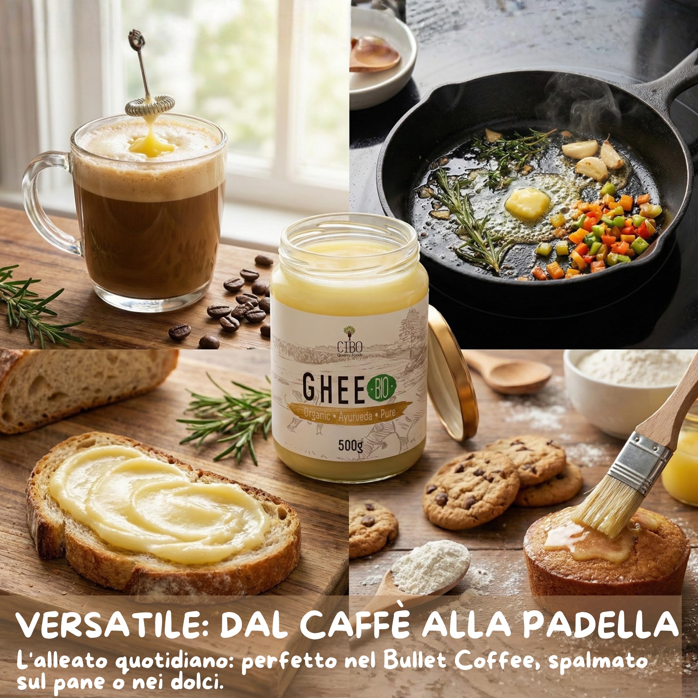 Cibo Burro Ghee Biologico 500gr - Latte di Parma e Reggio Emilia - Prodotto in Italia - Mucche al Pascolo - Punto di Fumo 250°C - Da Panna Centrifugata