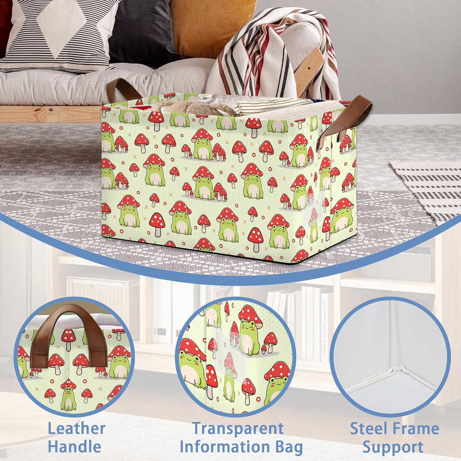 Cute Frog Storage Basket,Mushroom Collapsible Storage Bin Cubes for Living Room Bedroom Blankets Home Storage 17x11.5x10Inch