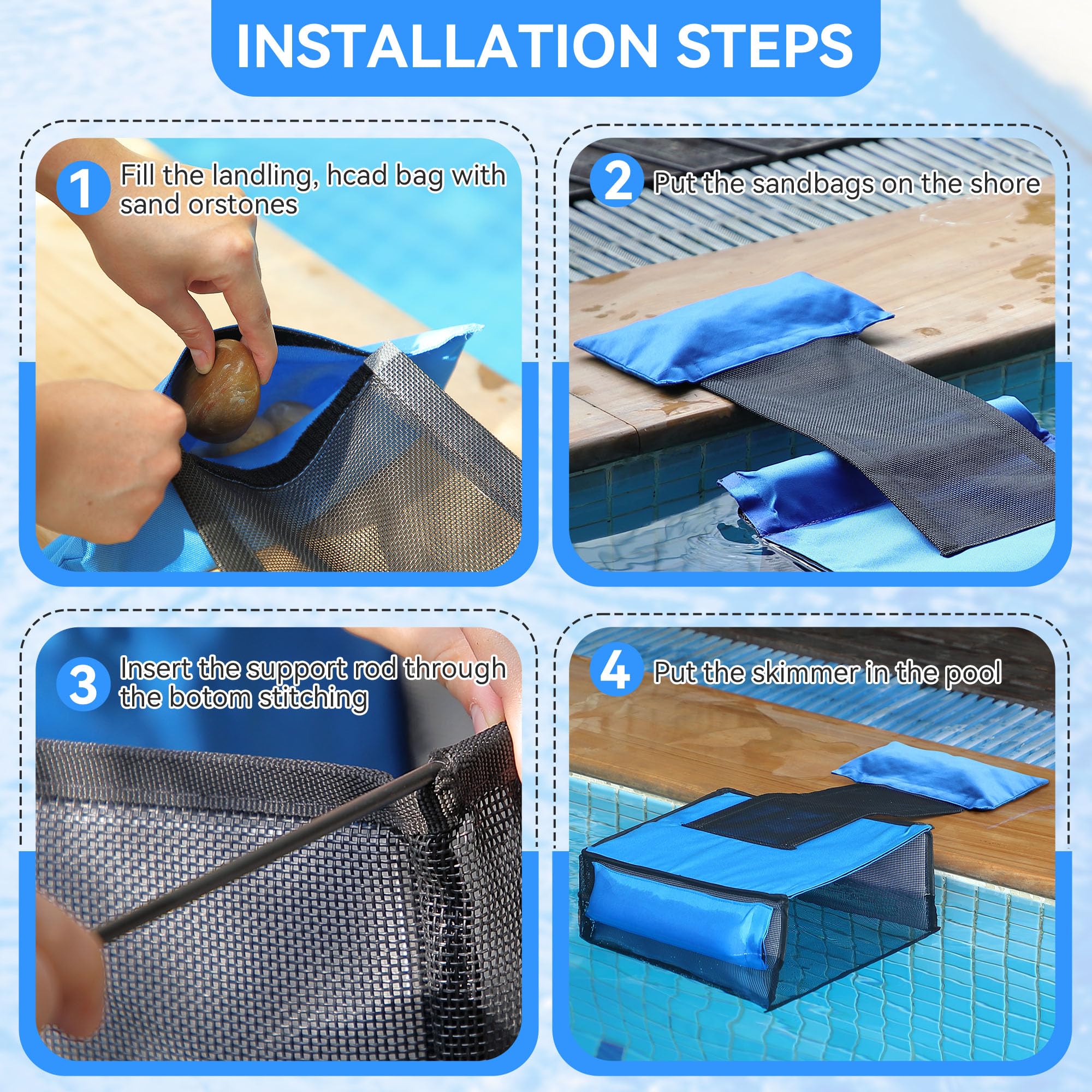 Desnatador azul para piscina sobre el suelo, espumador de hojas de piscina de lujo, atrapador eficiente de hojas de piscina, herramienta de mantenimiento ideal para limpieza de piscinas, ideal para