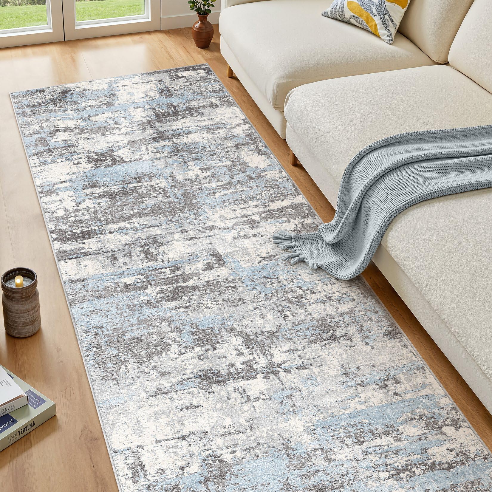 OJIA Modern Bordered Washable Runner Rug, Printed 2'x6' Non Slip Kitchen Rugs Soft Non-Shedding Carpet Runner For Bathroom Bedroom Entryway Laundry Room