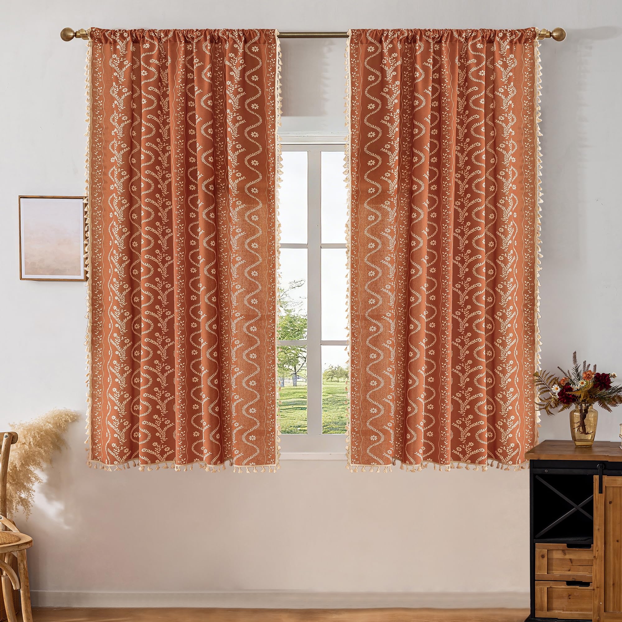 TIVNICO Terracotta Curtains for Bedroom 63 Inches Long 2 Panel Set,Rustic Floral Bohemian Living Room Farmhouse Autumn Curtain,French Country Room
