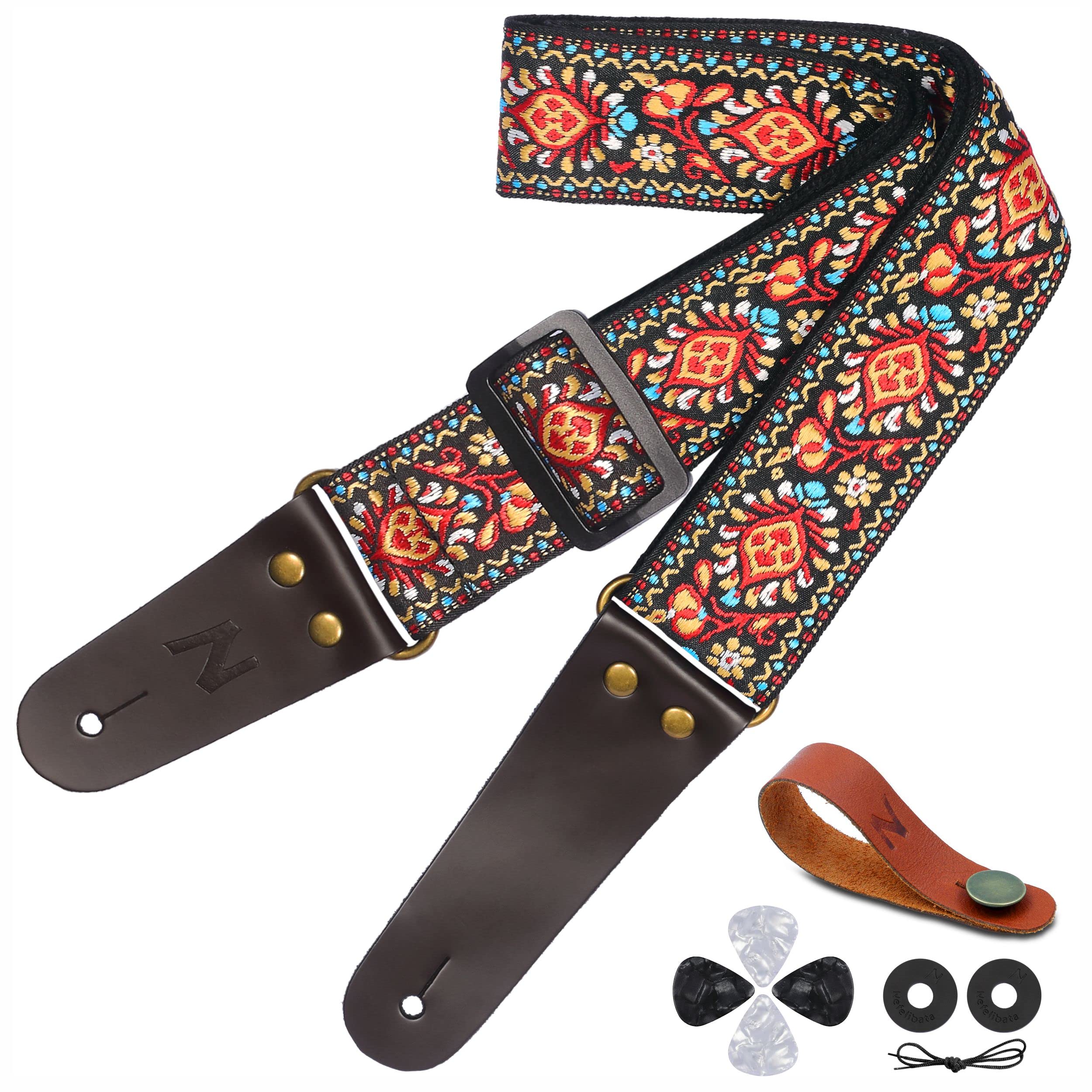 Nefelibata Guitar Strap with Head Leather Ends for Bass, Electric & Acoustic Guitars, Strap Button and Guitar Picks