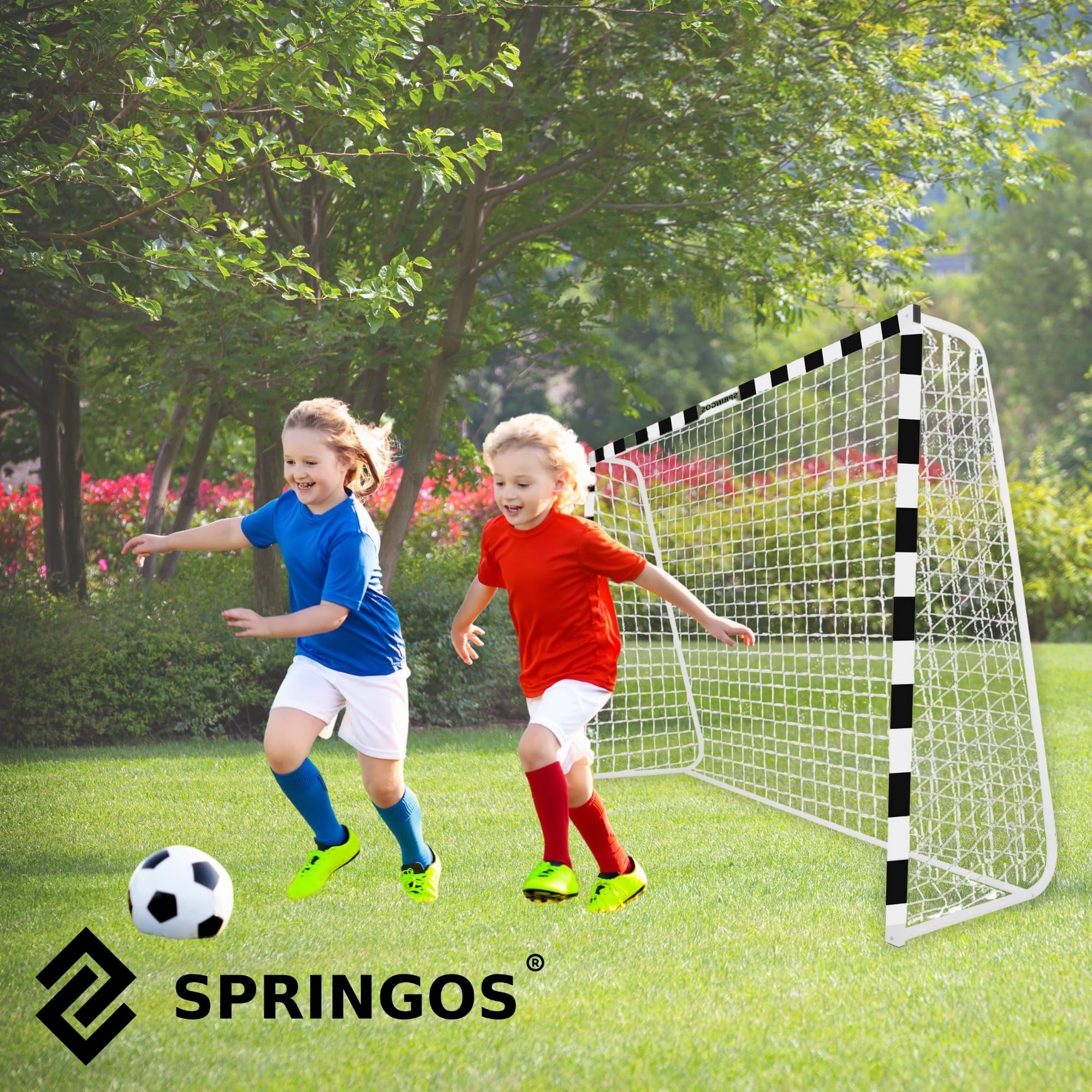 SPRINGOS Portería de fútbol con red de fútbol, 300 x 200 cm, de acero,Blanco