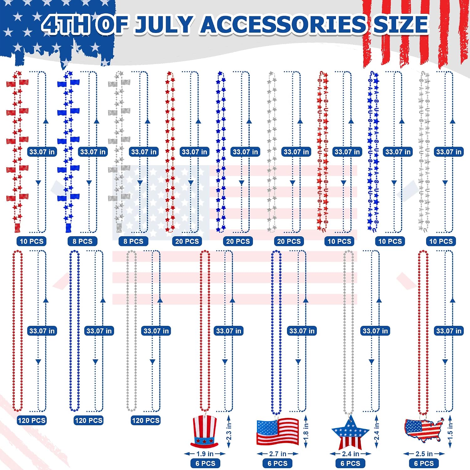 4th of July Necklace Party Favors, 500PCS 4th of July Bead Necklaces, Patriotic Independence Day Red Blue White Necklaces USA Hat Flags Pendant, Metallic Necklace for Memorial Day Parades Accessories