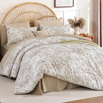 Queen Comforter Set 8 Pieces, Floral Comforter Set, Brown Bed in a Bag