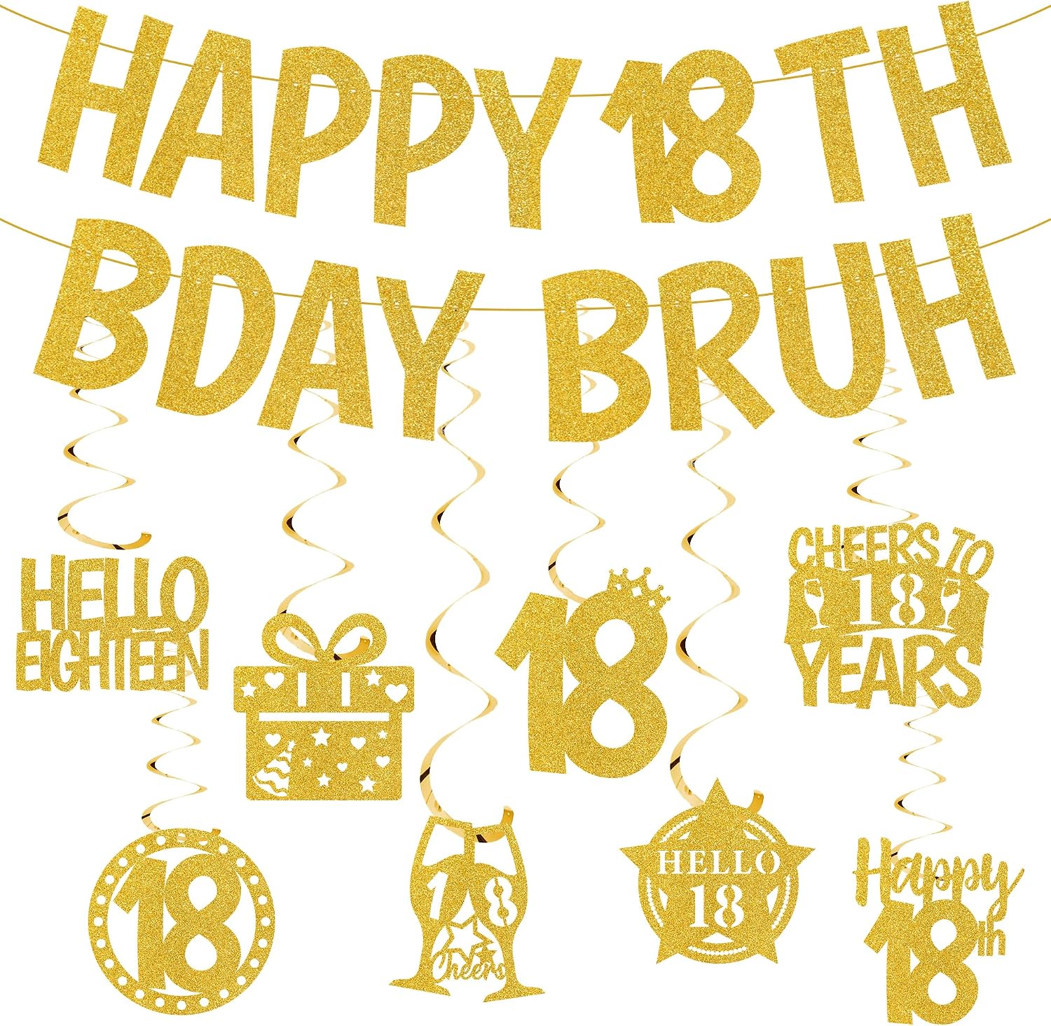 Funny 18th Birthday Decorations for Boys - Happy 18th Bday Bruh Banner with Hanging Swirls, Gold Glitter Cheers to 18 Years Party Supplies