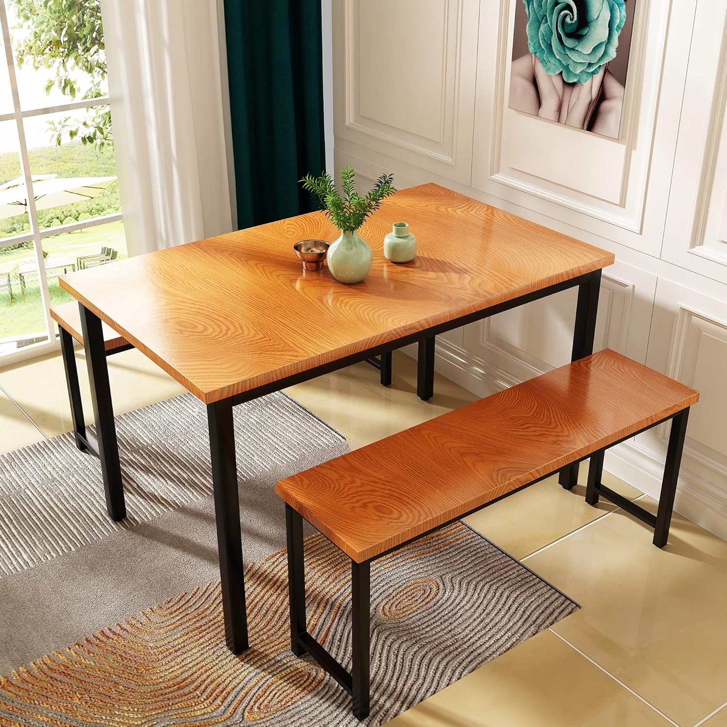 AWQM Dining Room Table Set, Kitchen Table Set with 2 Benches, Ideal for Home, Kitchen and Dining Room, Breakfast Table of 43.3x23.6x28.5 inches, Benches of 38.5x11.8x17.5 inches, Rustic Brown - Table & Chair Sets