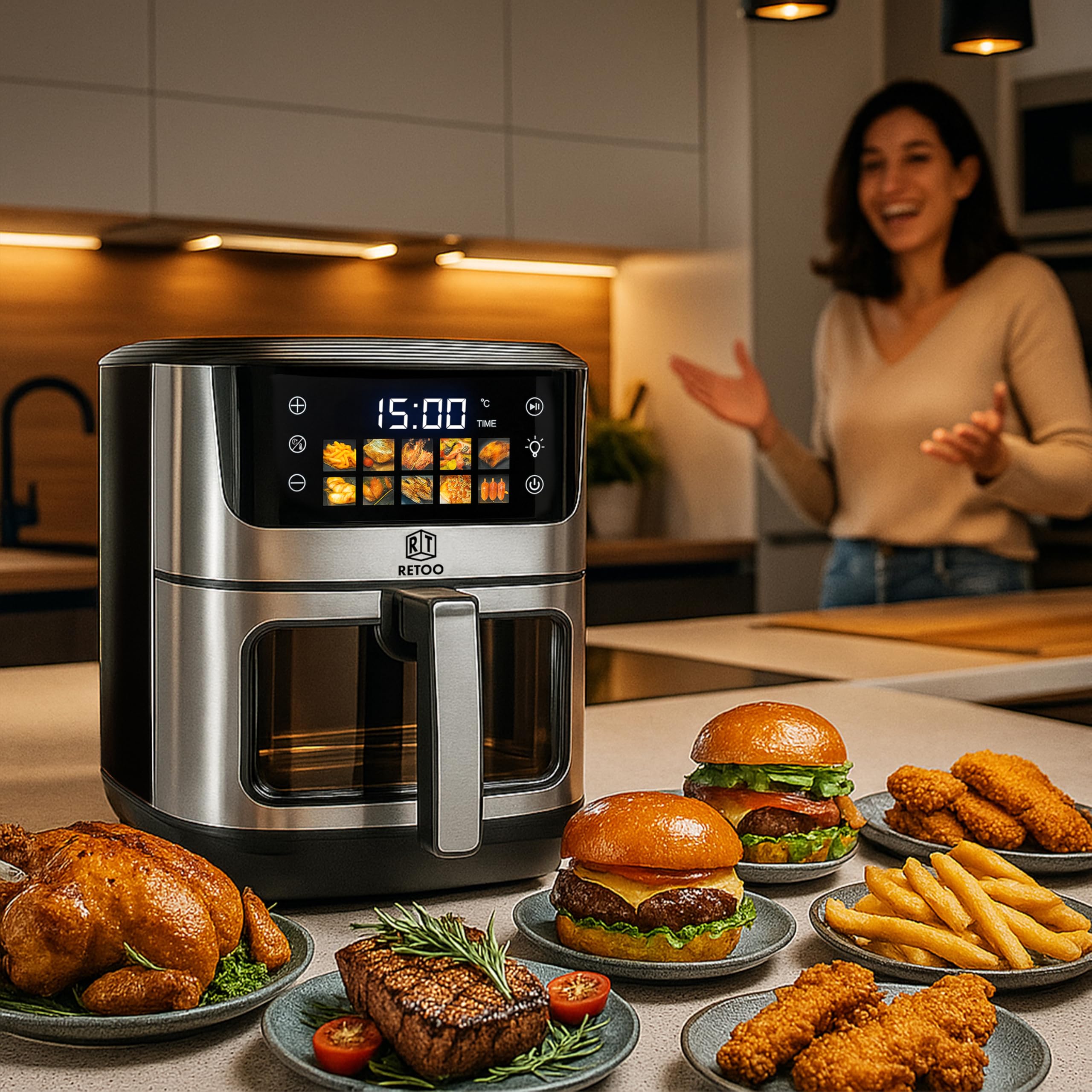 Retoo Frytkownica na gorące powietrze, 5,5 l, 1500 W, 7 programów, frytkownica na gorące powietrze, maks. 200°C, do 90% mniej tłuszczu, touchpad, frytkownica bez oleju, dieta i cyfrowa, wykończenie ze