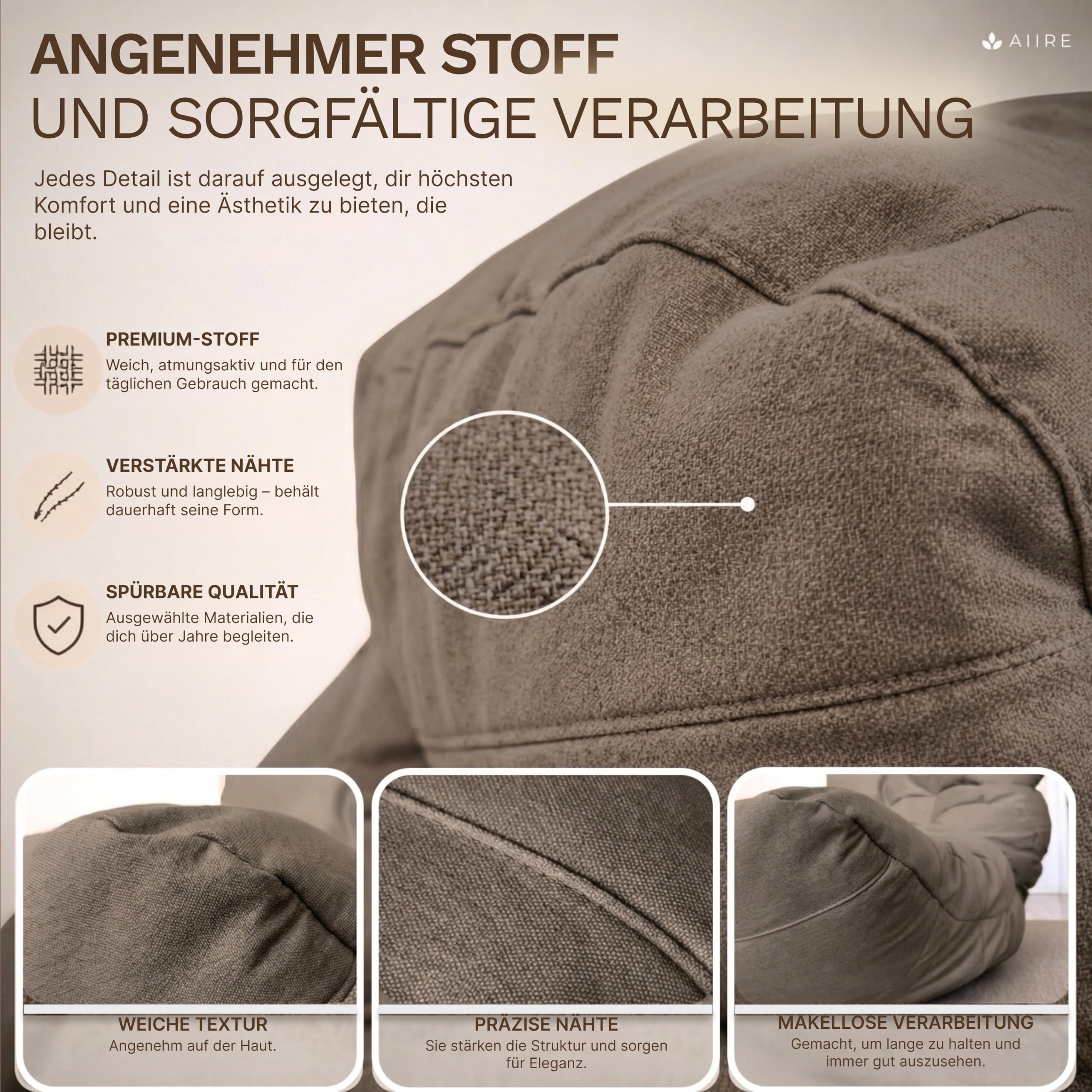 Aiire Relaxo Sitzsack XXL für Kuschelecke - Bean Bag Design mit Füllung - Riesen Sitzsäcke Erwachsene, Sitz Sack Flauschig - Bodenkissen Grob, Bodenstuhl, Bodensessel Braun