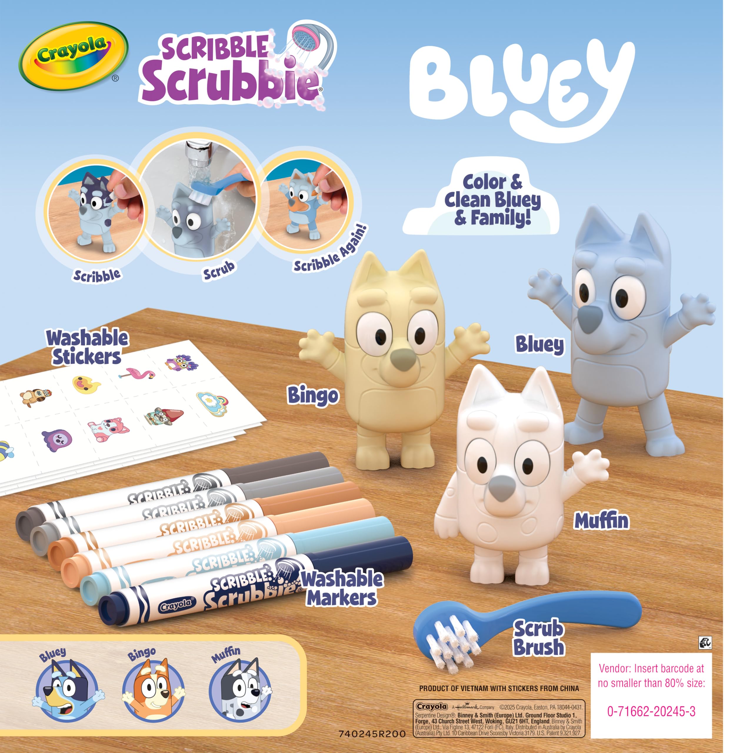 Crayola Scribble Scrubbies Deluxe Bluey Playset (3 ct), Kit Artistico e Artigianato per Bambini, Adesivi Lavabili, Giocattoli Blu, per Nipoti, dai 3 Anni in su