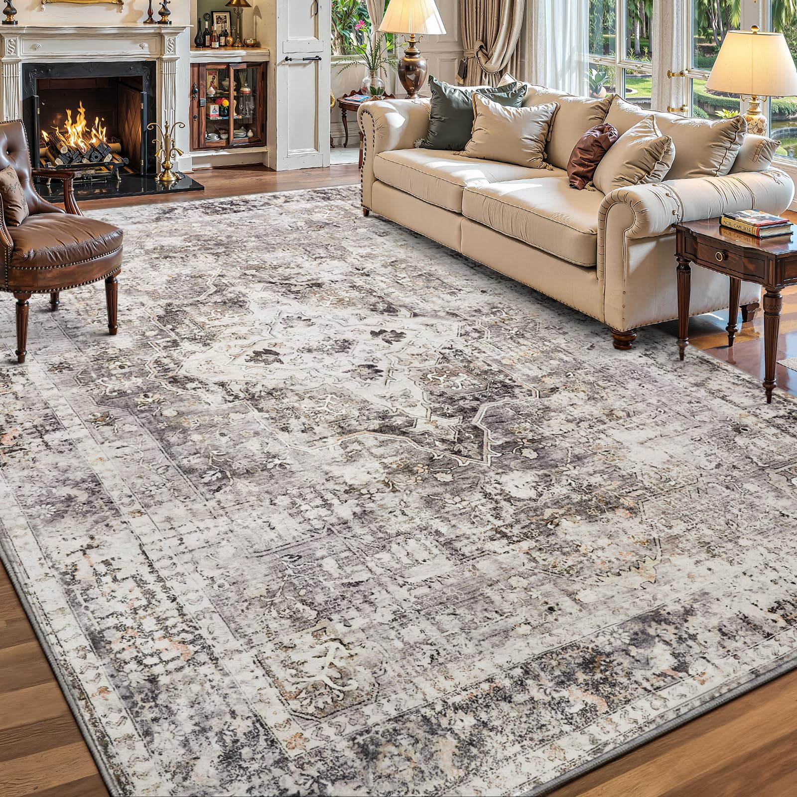 YOH Boho Washable Rug 6x9, Charcoal Gray Vintage Non Slip Area Rug, Distressed Indoor Carpet for Living Room Bedroom Kitchen Office