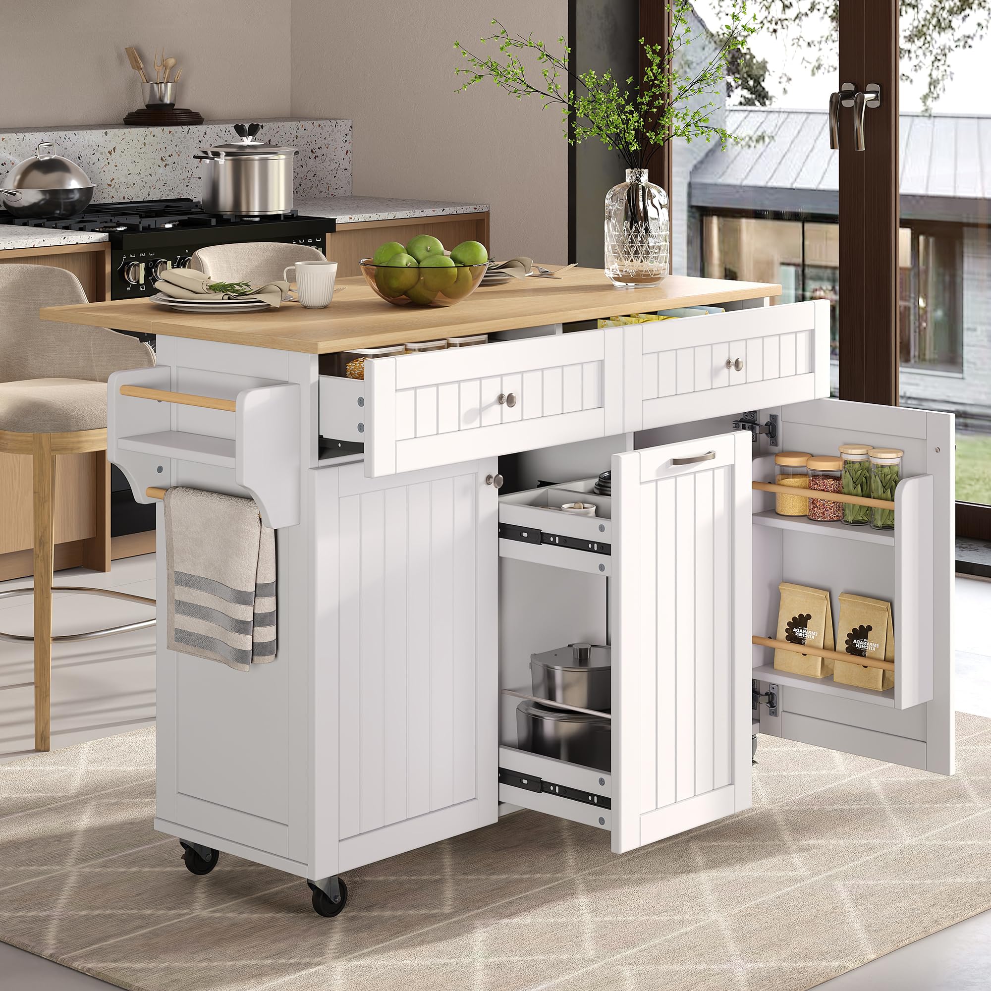 Bladez Isola da Cucina con Ruote e Cassetti, Piano Lavoro Estraibile, Penisola Cucina Multifunzionale con Tavolo, Ideale per Cucina e Sala da Pranzo (Bianco)
