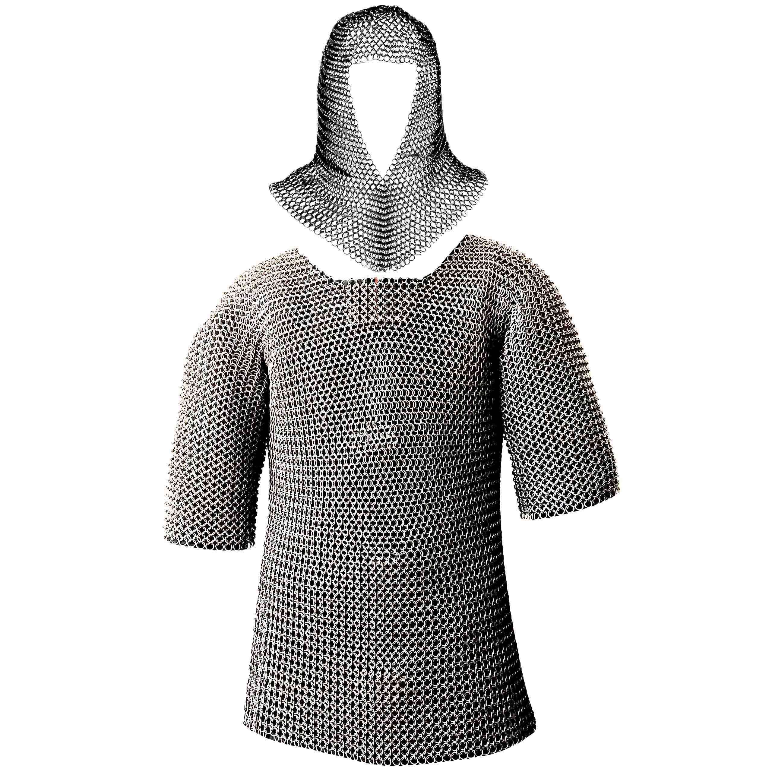 Mythrojan Unisex Silver Half Sleeves Chainmail Shirt With Coif Mild Steel Butted Chainmail Armor Medieval Style Chain Mail Armour For Reenactments, Larp, Cosplay Chainmaille Haubergeon And Coif - Medium