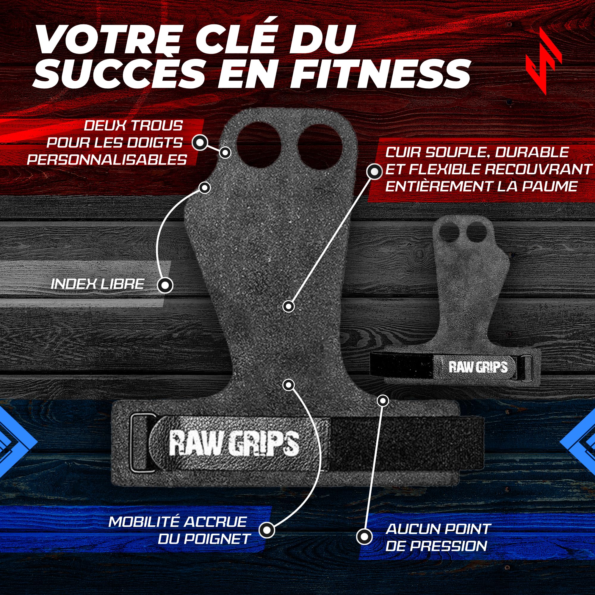 JerkFit RAW Grips – Poignées en Cuir 2 Doigts pour Gymnastique & Cross Training – Protection Complète des Paumes WOD, Musculation, Calisthénics & Tractions – Prévient Les Déchirures & Ampoules