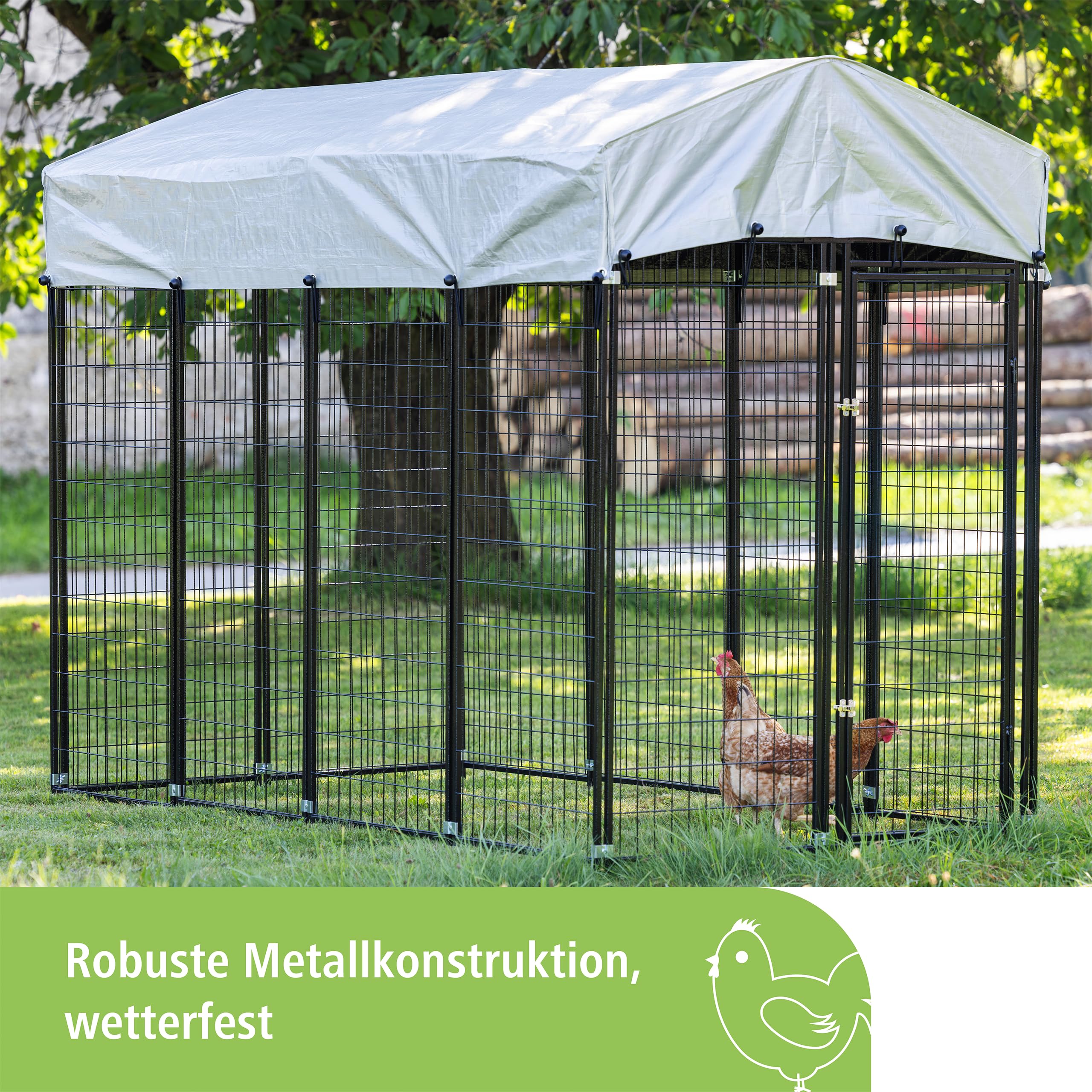 Kerbl Hobbyfarming Freilaufgehege Space, Freigehege, Hühnerzaun, schwarz, Metall pulverbeschichtet, 243x127x184cm, Gitterabstand 10cm, Sonnenschutz