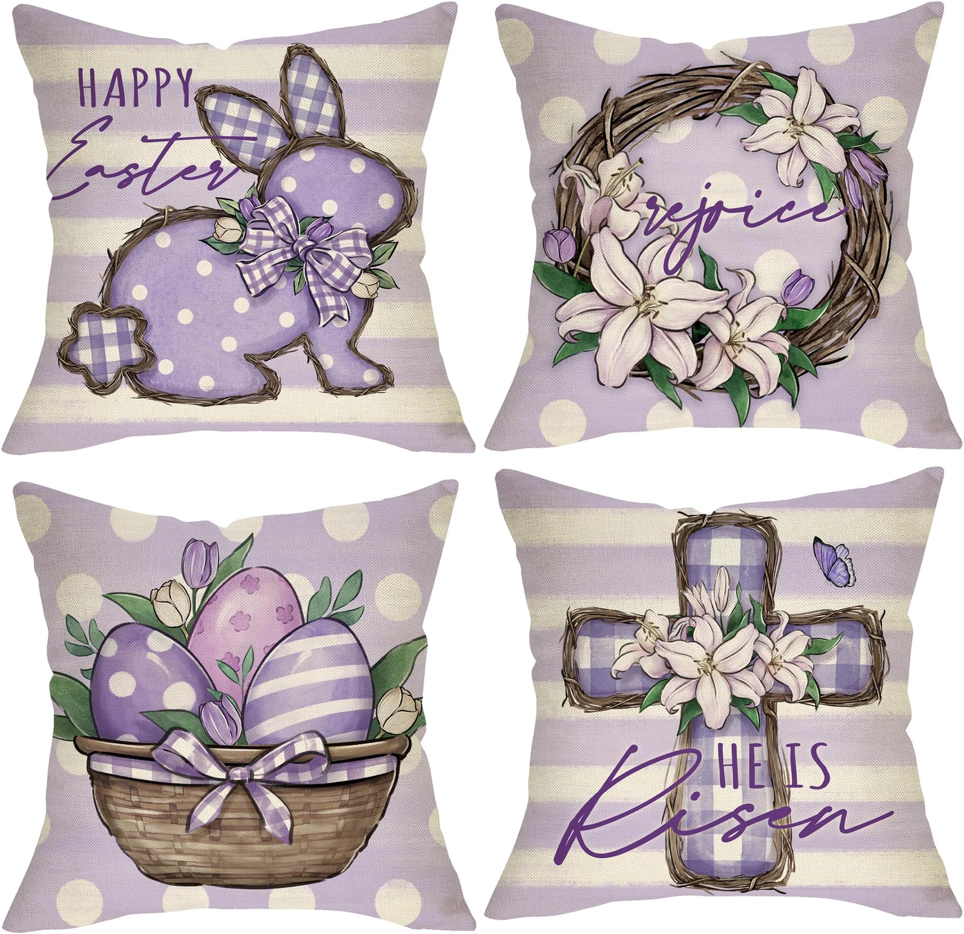Happy Easter Bunny Christian Decorative Throw Pillow Covers 18 x 18 Set of 4, Religious He is Risen Cross Eggs Purple Outdoor Home Decor, Spring Lily Flower Stripes Polka Dot Couch Cushion Case