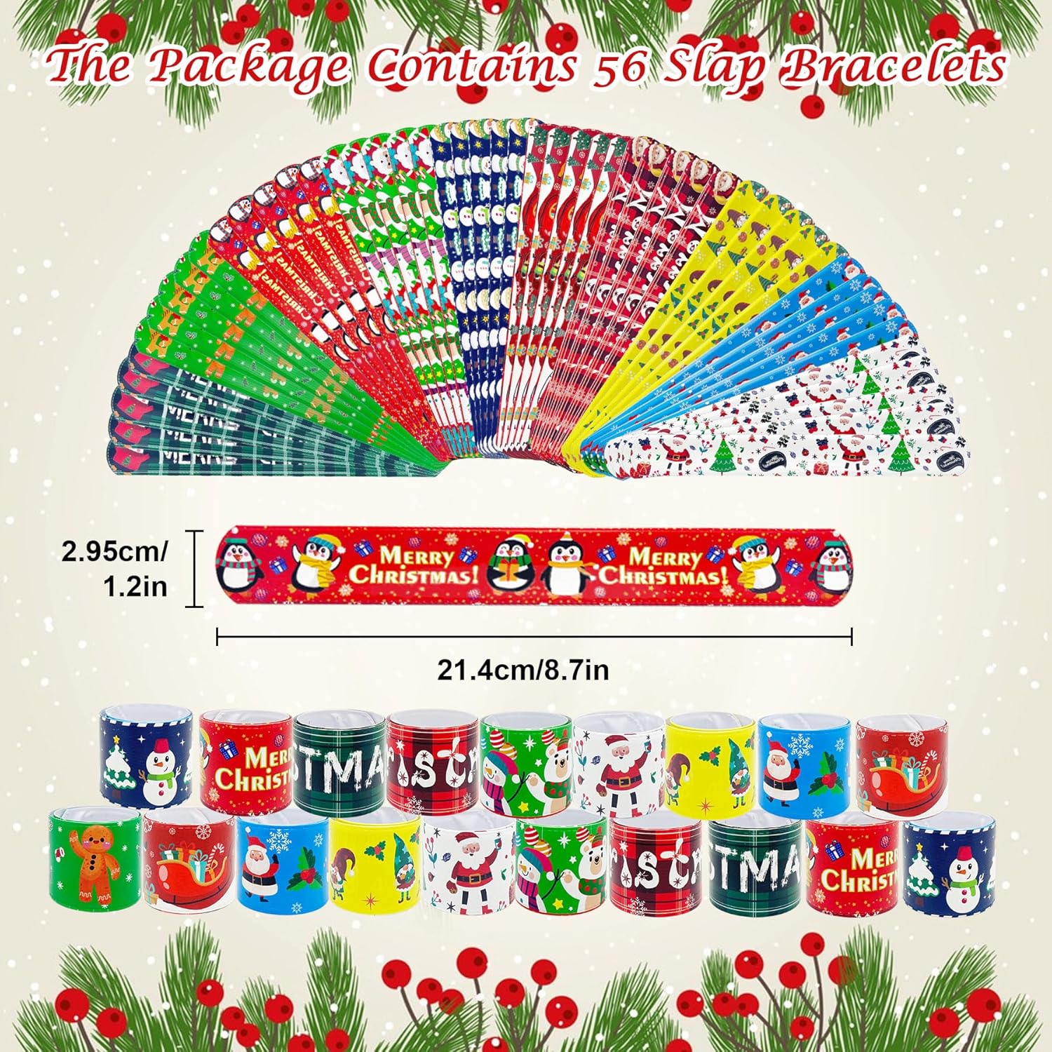 JUNEBRUSHS 56 Pack Christmas Slap Bracelets Xmas Slap Bands Wristband Party Favors Snap Bracelets Bulk for Christmas Gifts Toys Stocking Stuffers - Image 2