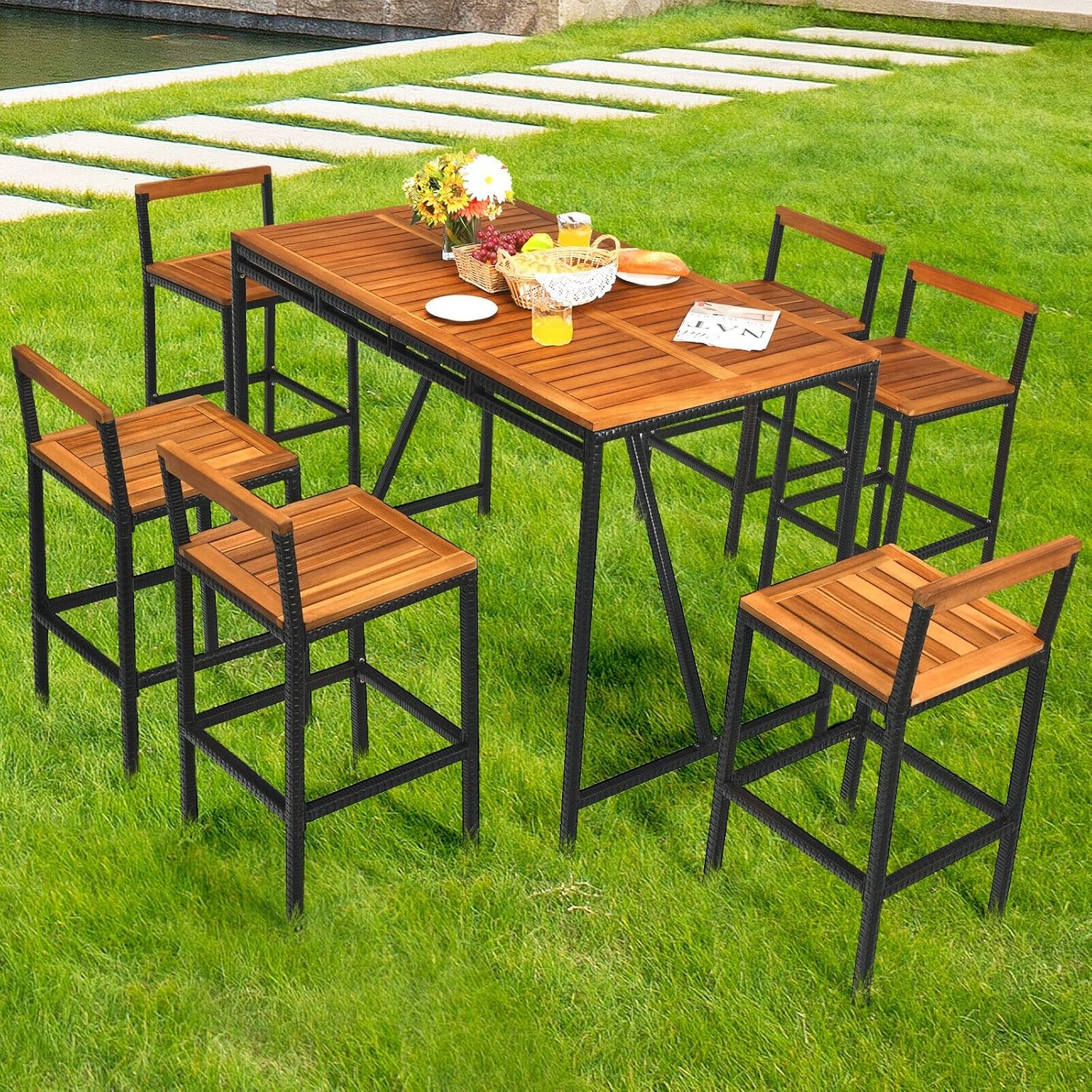 7PCS Patio Rattan Bar Set Acacia Wood Frame Stools Table Umbrella Hole Outdoor Bar Set