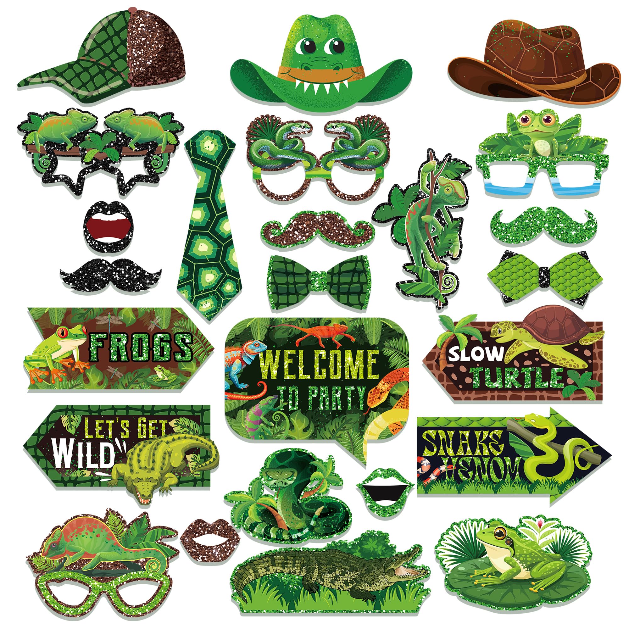 Cc Home Green 25Pcs Wild Animals Photo Booth Props, Crocodile Frog Turtle Snake Party Decorations Party Favor For Wild Animal Let's Get Wild Birthday Party Supplies Party Essentials