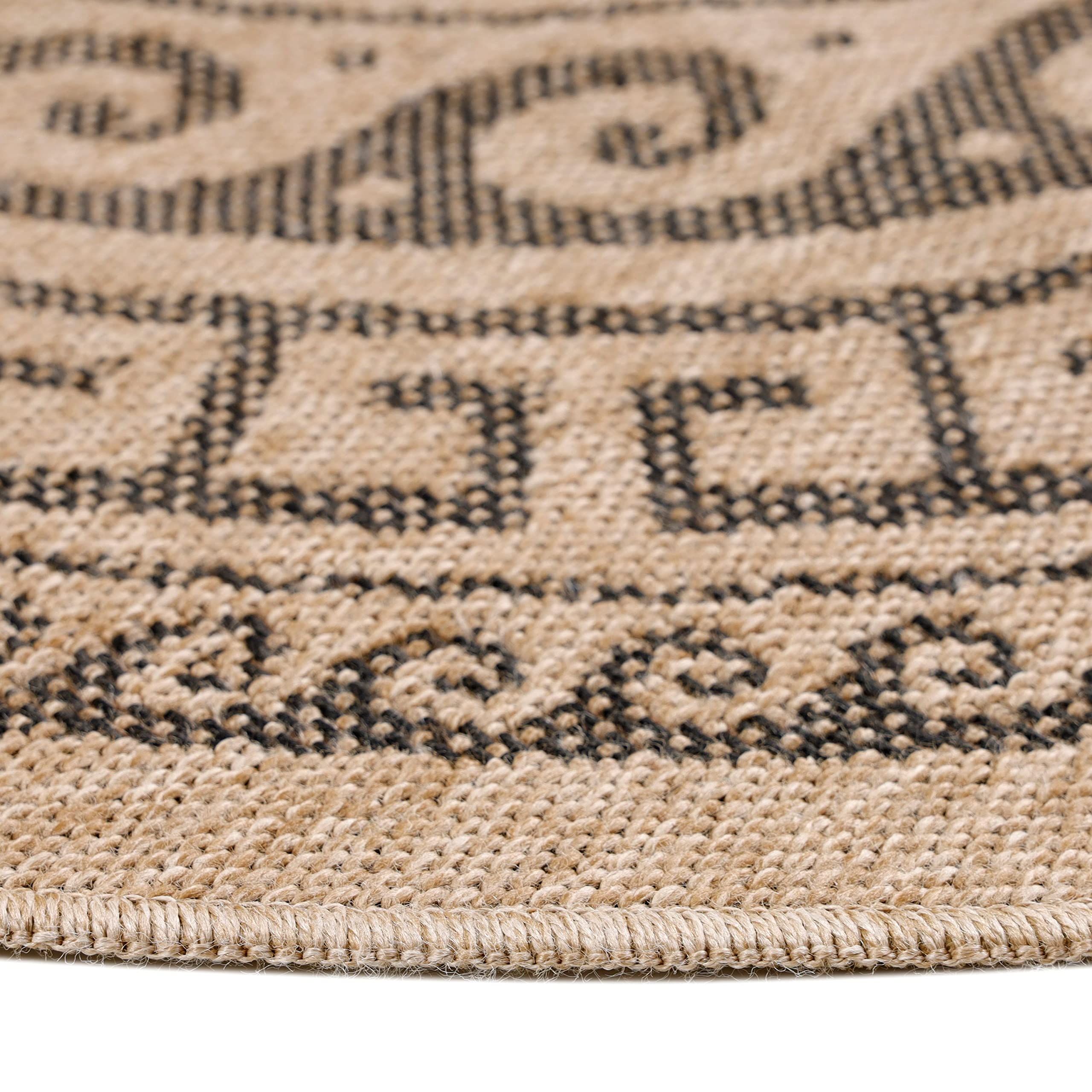 Teppium Tapis d'extérieur résistant aux intempéries, 120 cm, rond, aspect sisal naturel et jute – Tapis de cuisine lavable, antidérapant, imperméable, design greek, facile d'entretien – Idéal pour