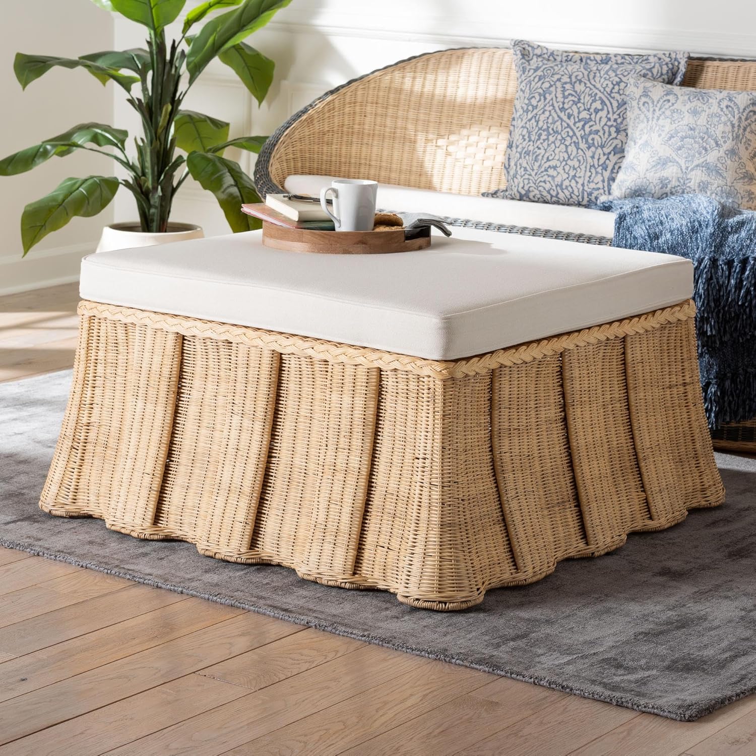 Bali & pari Rotem Natural Rattan Ottoman with Cushion - Handwoven Wicker Pleated Skirt Accent Coffee Table or Extra Seating for Living Room or Sunroom, Large