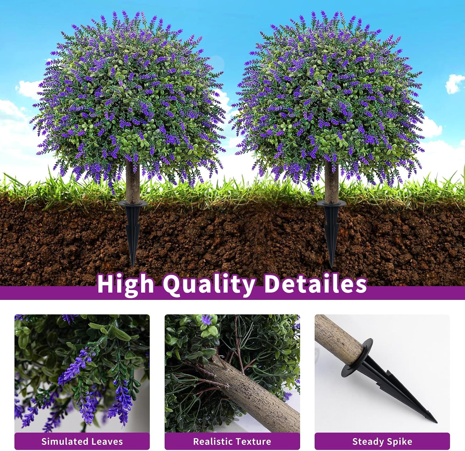 27" Artificial Lavender Topiary Ball Trees, Set of 2 UV Resistant Fake Evergreen Shrubs Bushes Plants with Ground Spike, Fake Plants for Outdoor Indoor Front Porch Garden Decor