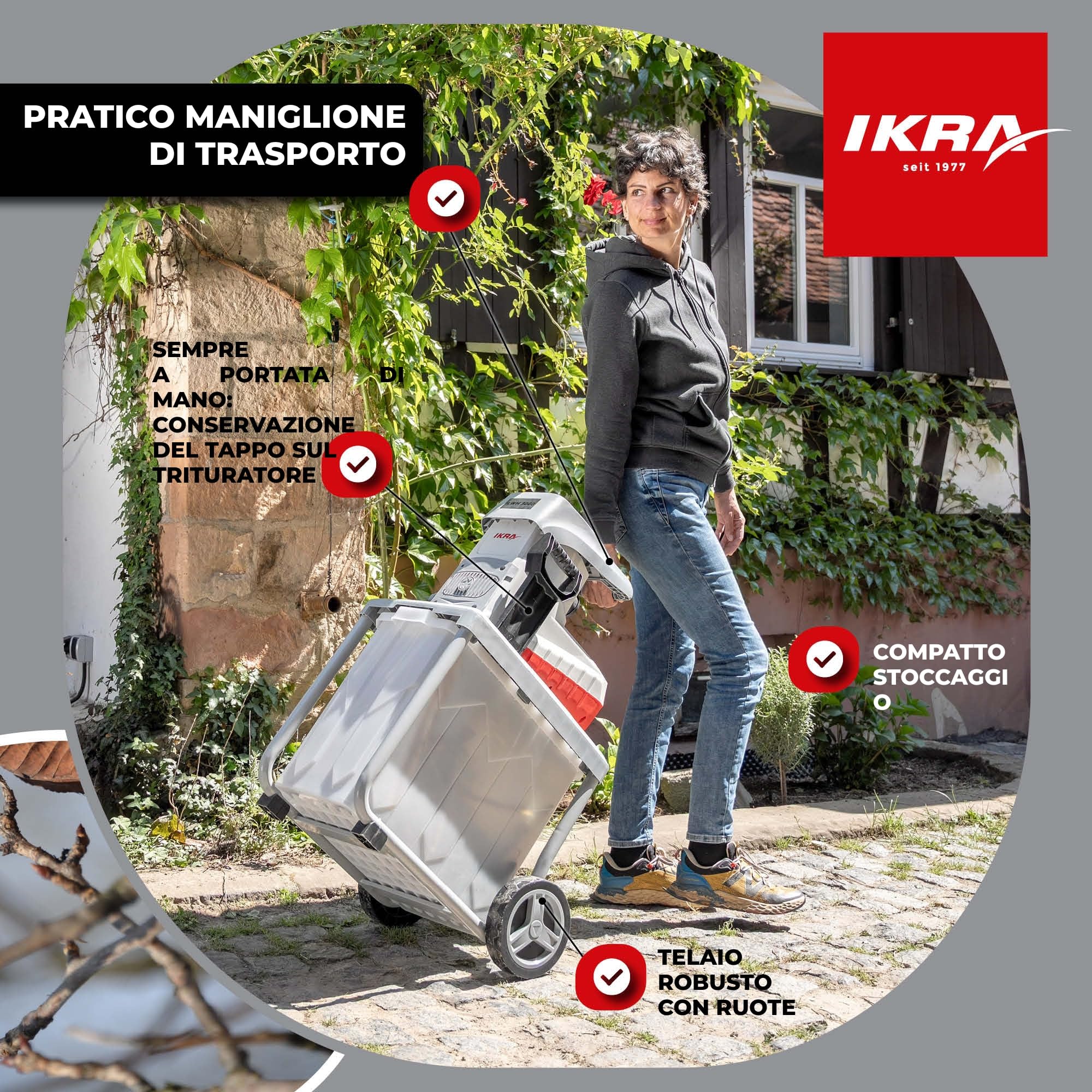 IKRA trituratore elettrico ILWH 3000, per rami Ø 45 mm, Blauer Engel | Motore a induzione, 3000W, alimentazione automatica dei rami, interruttore a levetta per la retromarcia