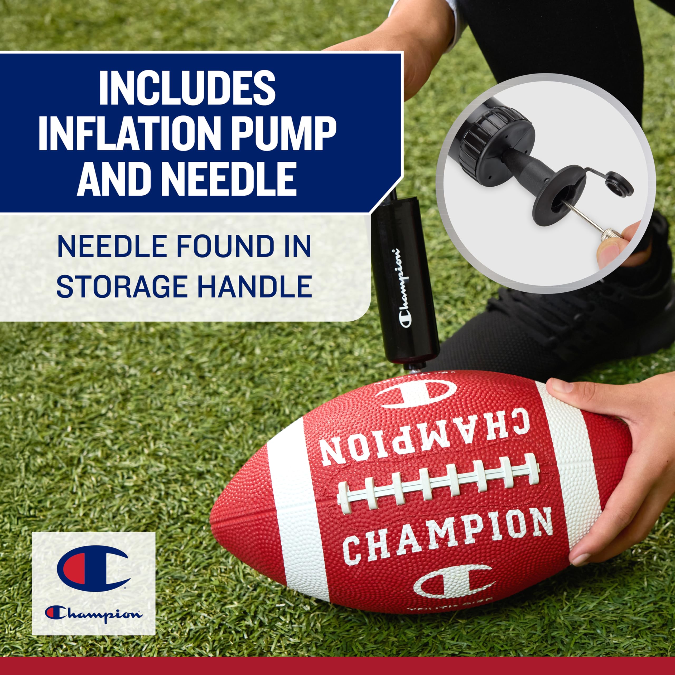 Champion Blitz - Pallone da calcio per tutte le stagioni, presa migliorata, rivestimento in gomma resistente e lacci modellati, per sport all'aria aperta e allenamento, include 6 pompe per pallone | Copertura in gomma resistente, lacci modellati, presa mi