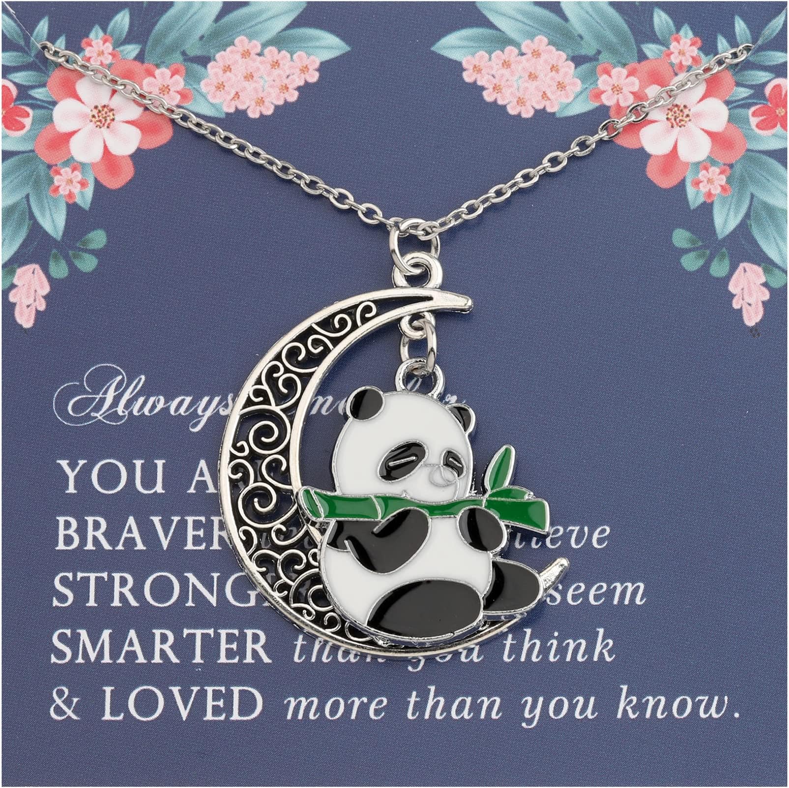 Panda Bear Lovers Gift Eating Bamboo Charm Crescent Moon Necklace for Animal Lovers - Crazy Panda Lady Jewelry for Friends, Girls & Women (You Are Braver Than Blue)
