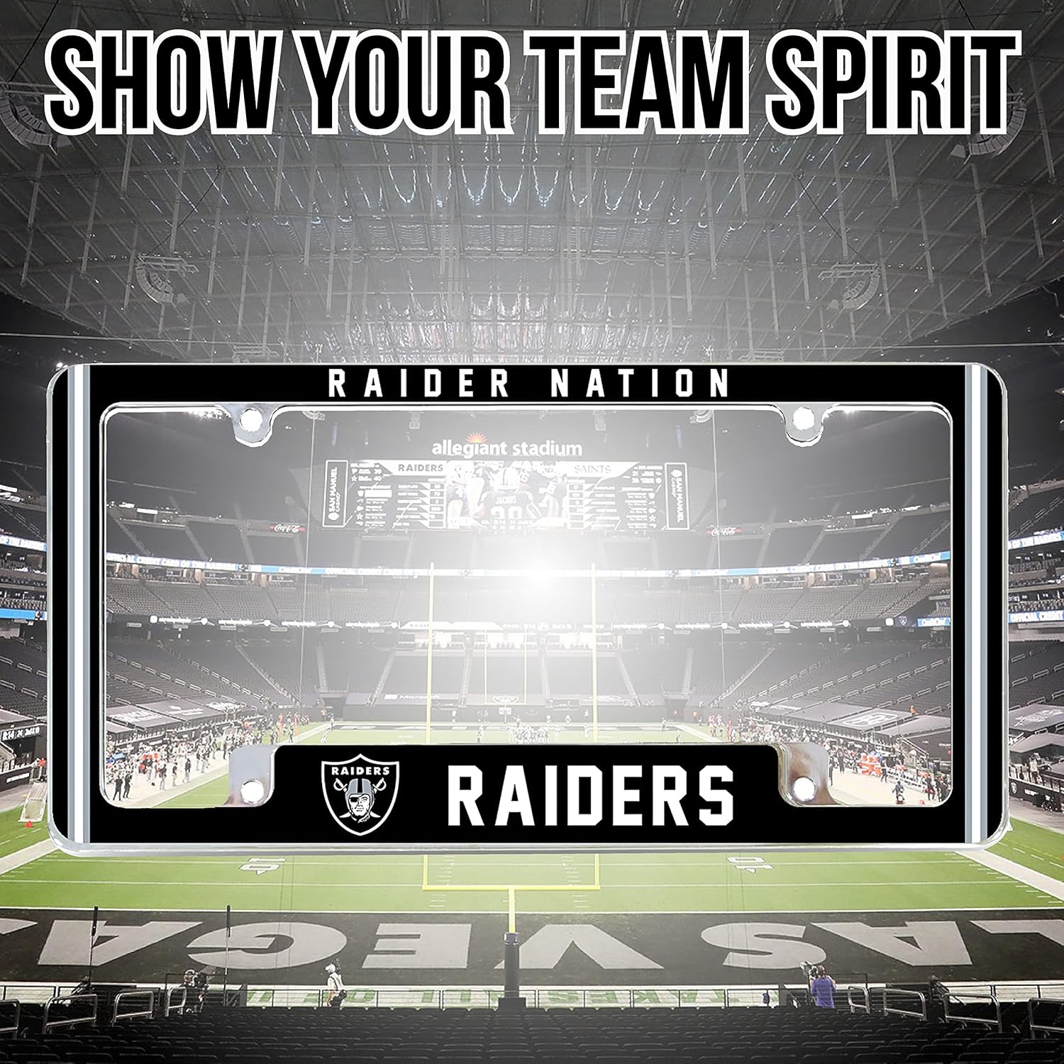 NFL Las Vegas Raiders “Raider Nation” Premium Full Color Long Lasting Zinc Alloy Chrome Plated Team License Plate Frame - 4 Screw Tag Holder with Highlighted Team Pride Cheer : Sports & Outdoors