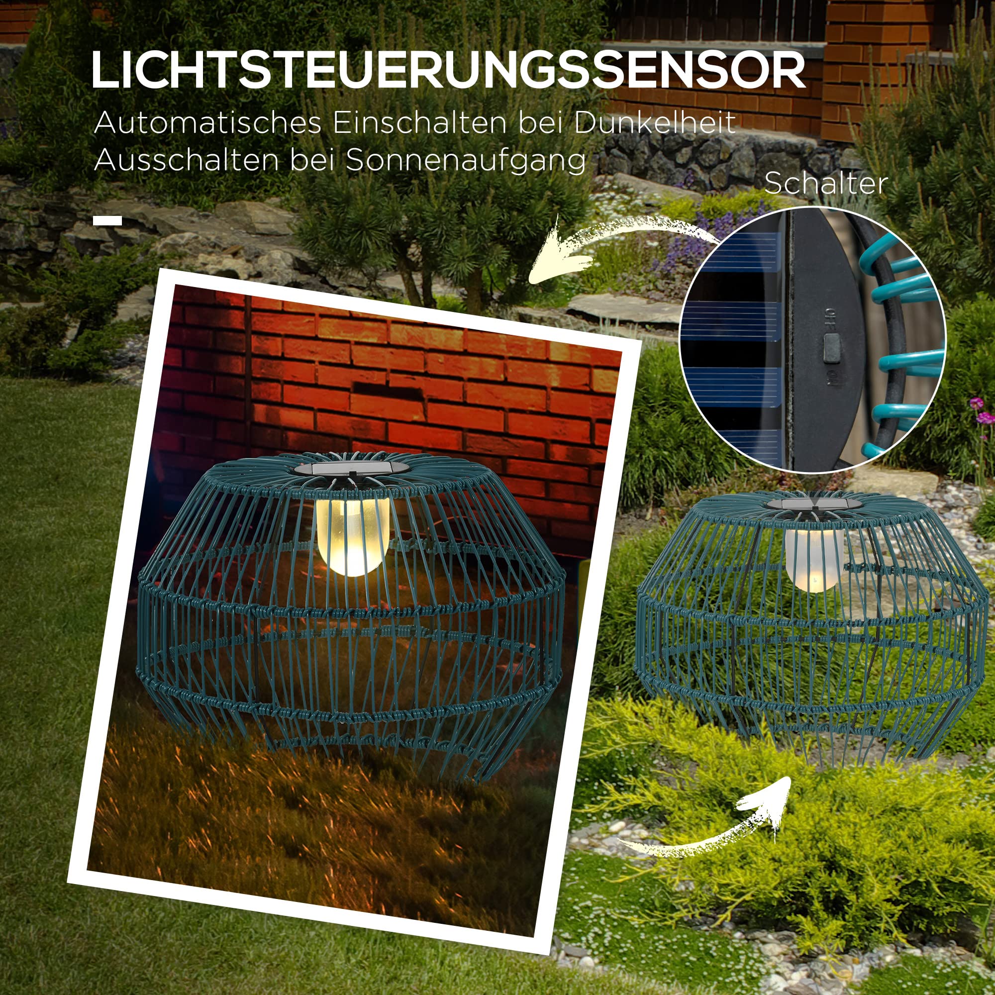Outsunny zonnelamp op zonne-energie, rotanlamp op zonne-energie, waterdichte padverlichting met lichtsensor, automatische LED-tuinlamp met trommelontwerp voor balkon, terras, binnenplaats, groen
